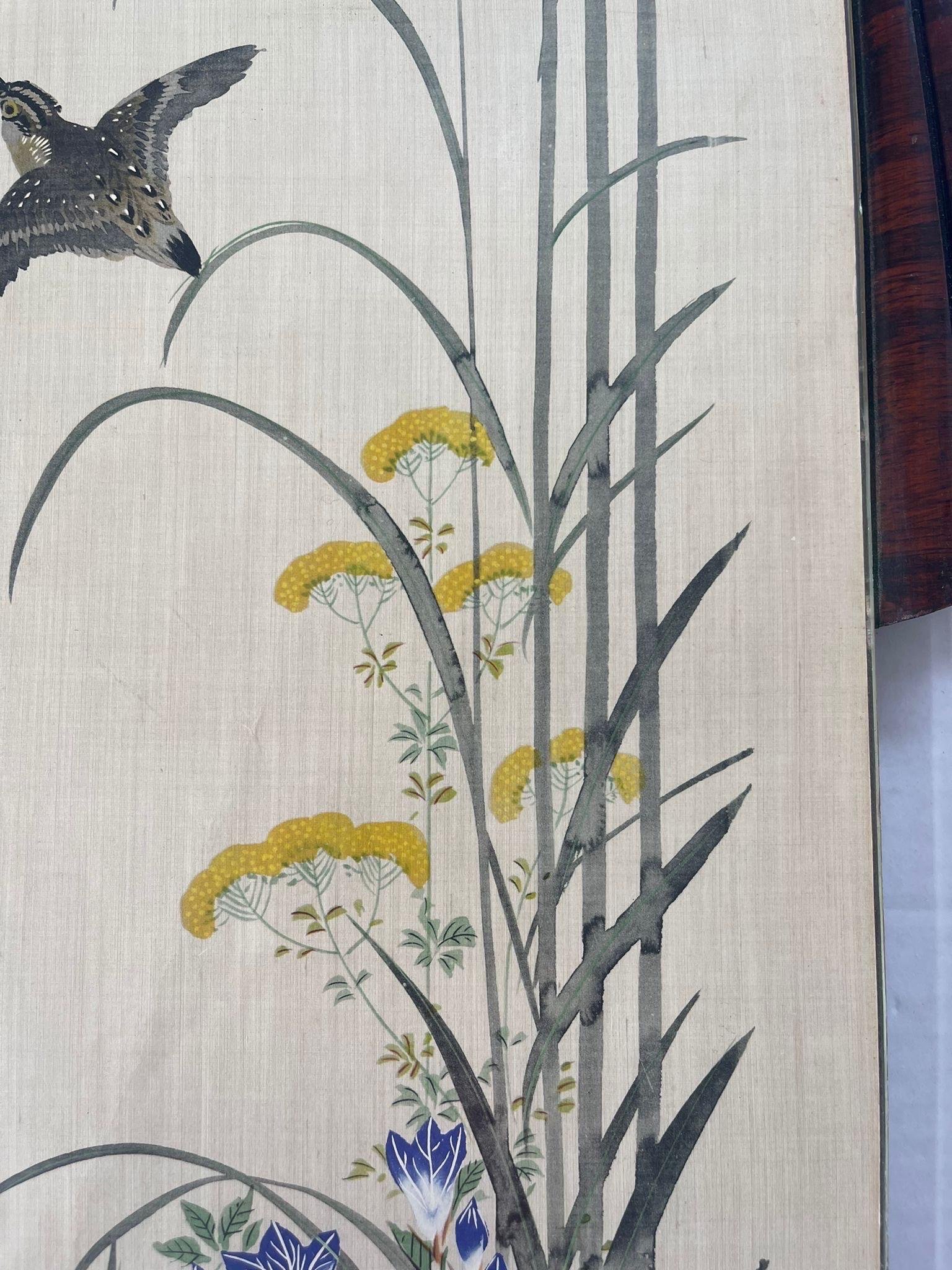 Bird Flying Through Flowers Scene Silk Painting With Art Deco Frame In Good Condition For Sale In Seattle, WA