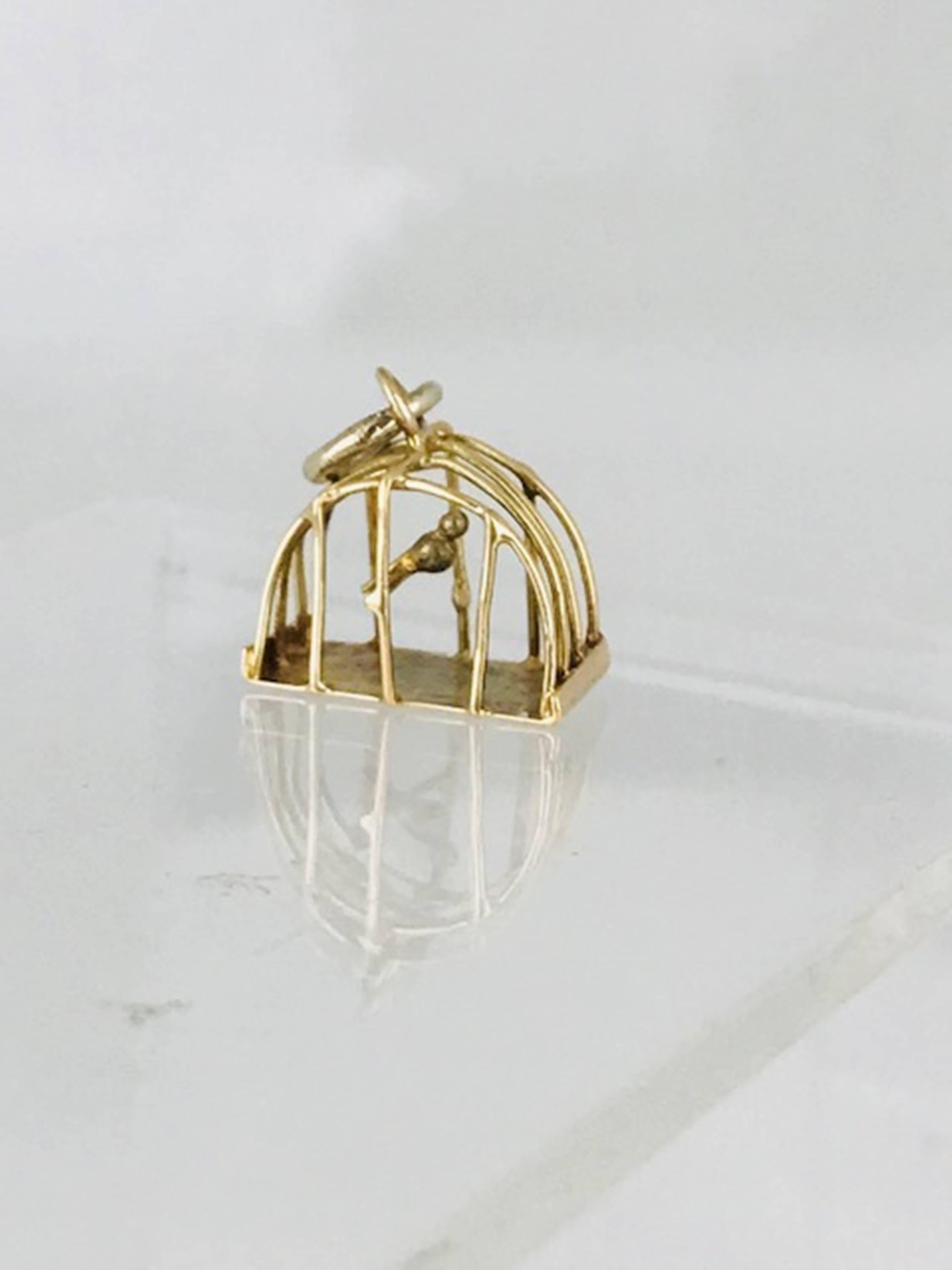 Women's or Men's Bird in a Cage Charm, Handmade, circa 1950, 14 Karat Yellow Gold For Sale
