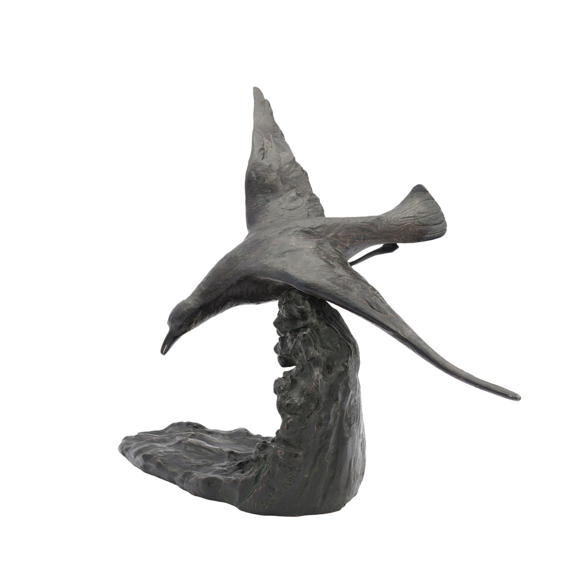 Art Deco cast bronze sculpture of a bird flying along the crest of a wave.
Signed on the base at the rear of the casting: Alvan Kote.
