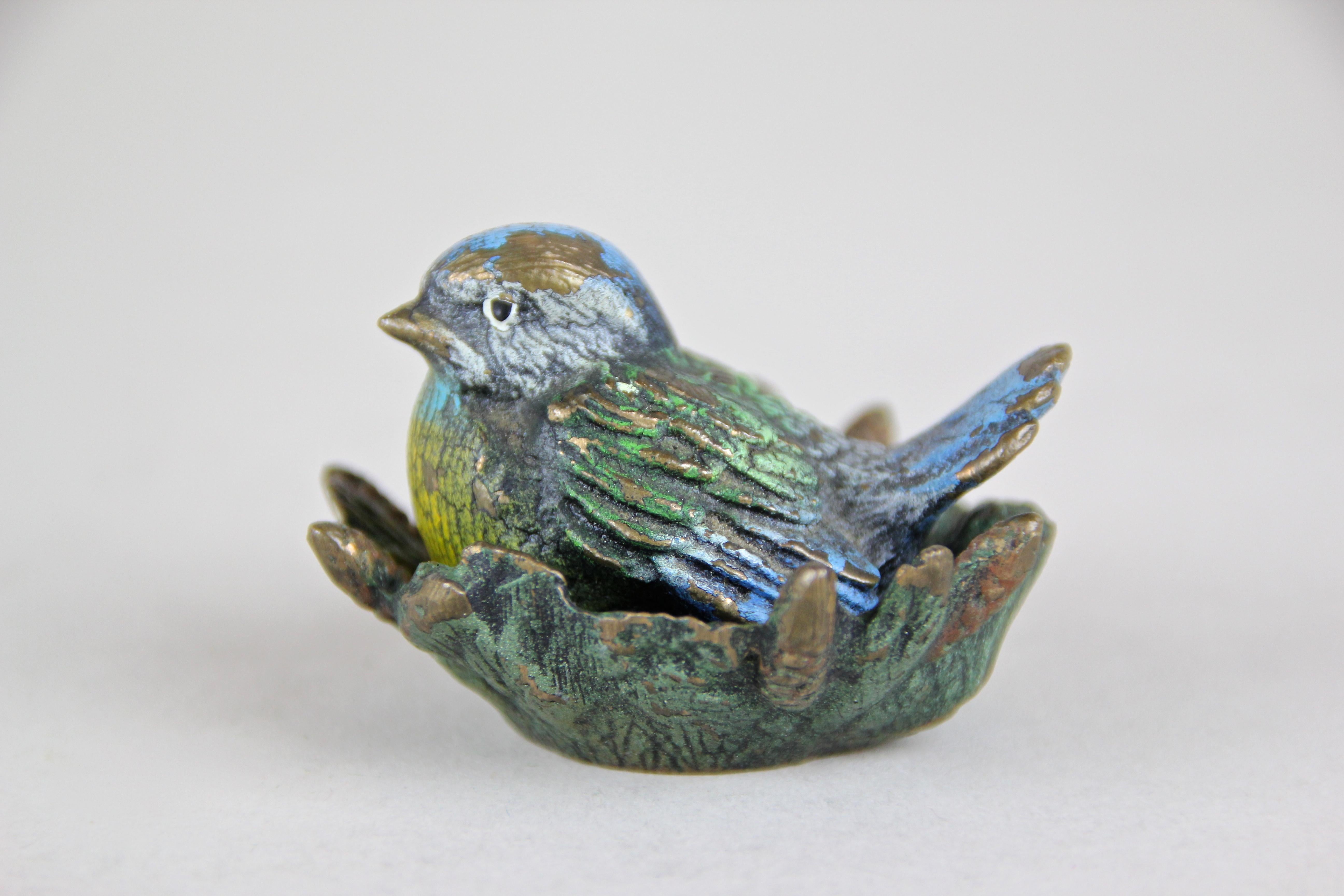 Polychromed Bird in Nest Vienna Bronze Miniature Sculpture, Austria, circa 1915