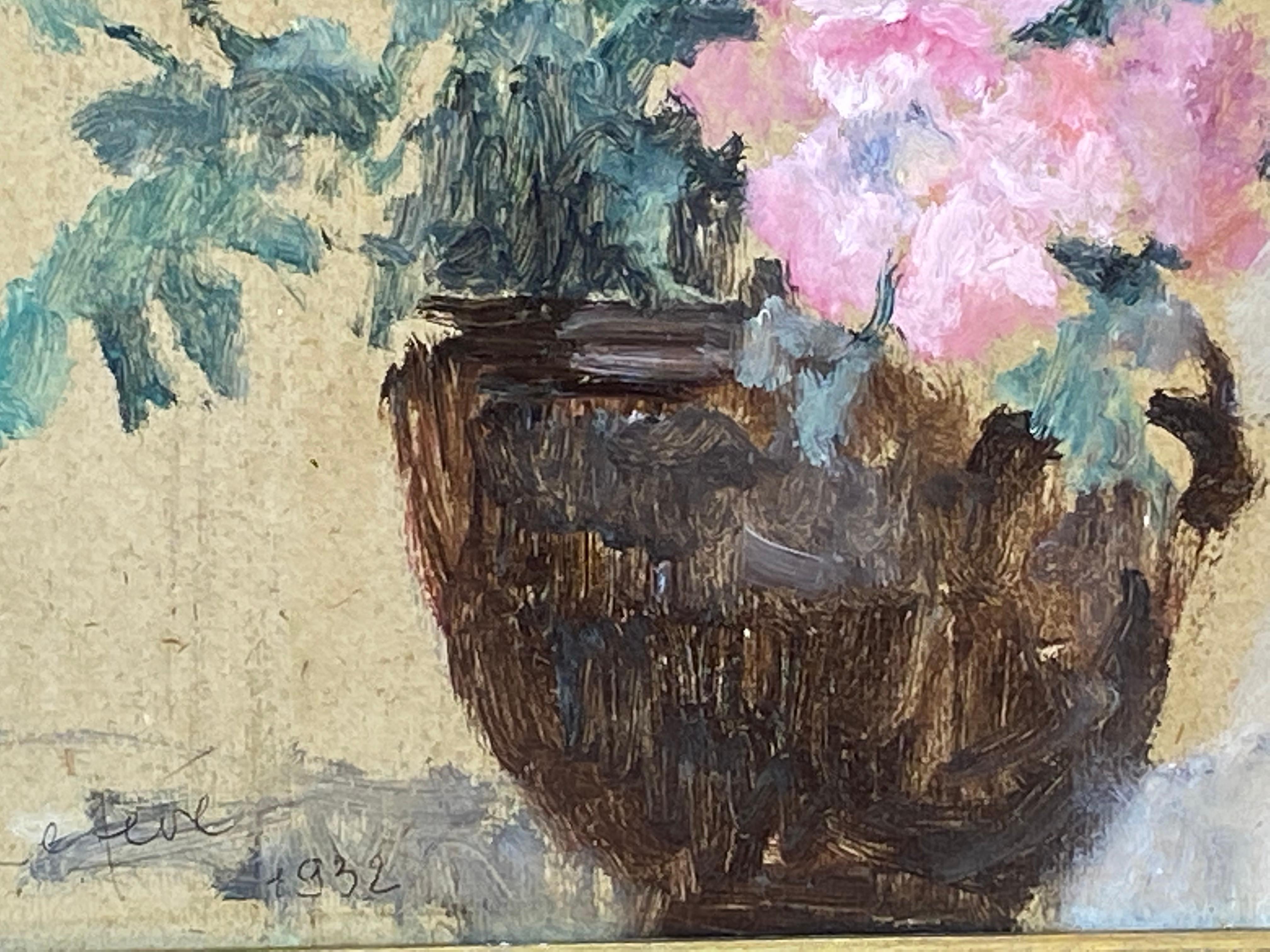 Original-Ölgemälde auf schwerem Karton mit einem schönen Frühlingsstrauß aus rosa Blumen von dem amerikanischen impressionistischen Künstler Bird Lefever.  Signiert unten links und datiert 1932.  Der Zustand ist sehr gut; keine Restaurierungen. 