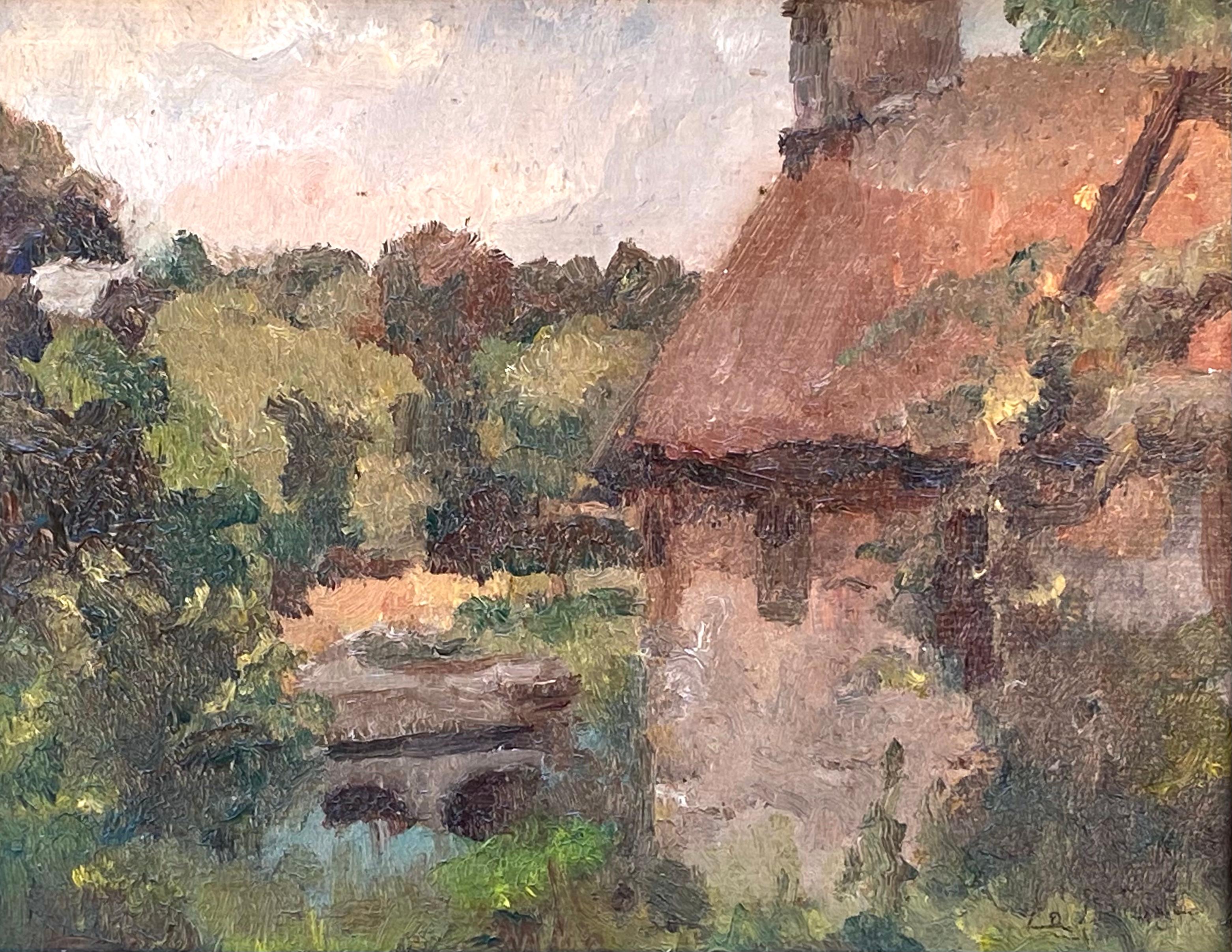 Original oil paint on heavy card stock of a european thatched cottage near a stream by the American impressionist artist, Bird Lefever.  Signed lower right. Condition is very good; no restorations.  Original period gold leaf frame. Overall framed