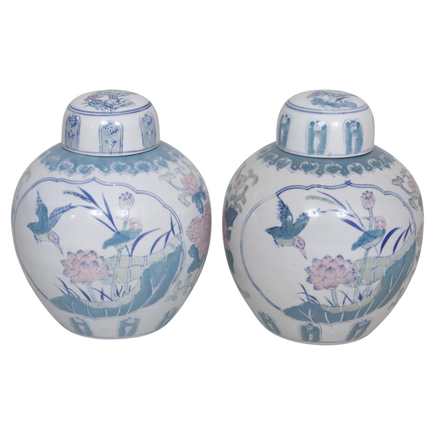 Bird & Lily Ceramic Ginger Jars, a Pair For Sale