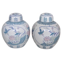 Vintage Bird & Lily Ceramic Ginger Jars, a Pair