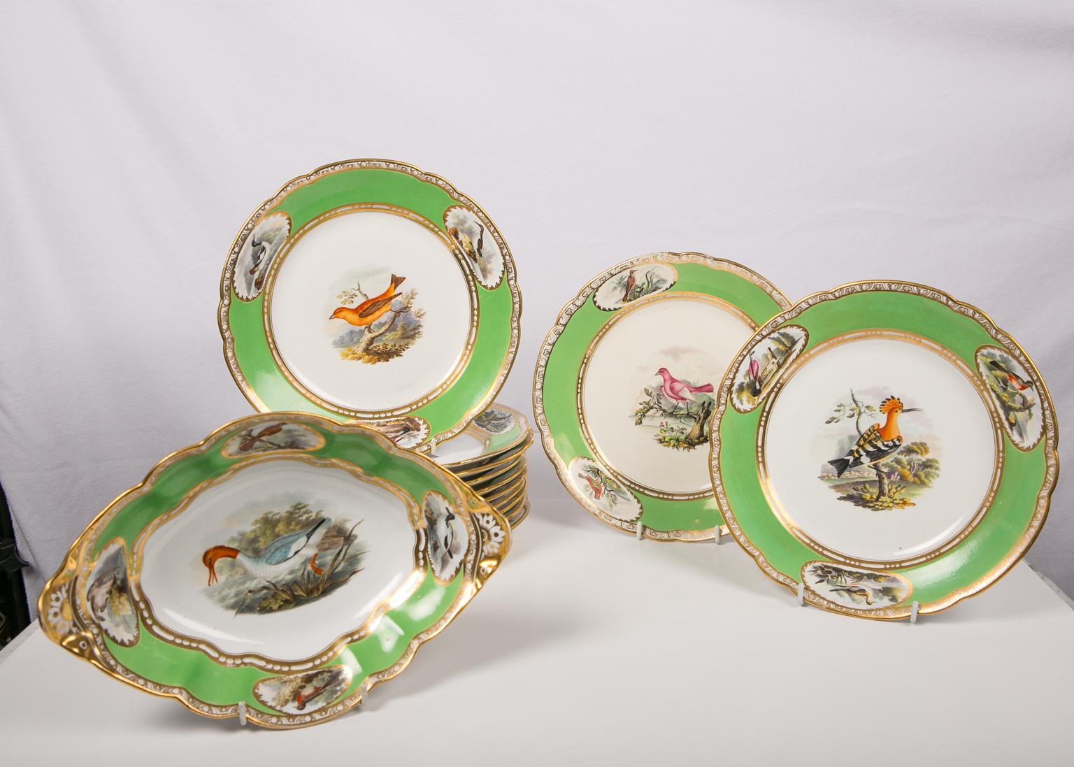 Bird Lover's Set Antique Porcelain Dishes Hand Painted Birds Apple Green Borders 3