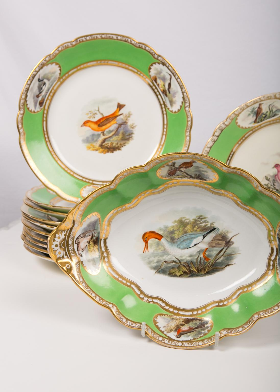 Bird Lover's Set Antique Porcelain Dishes Hand Painted Birds Apple Green Borders In Excellent Condition In Katonah, NY