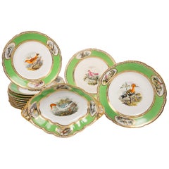 Bird Lover's Set Antique Porcelain Dishes Hand Painted Birds Apple Green Borders