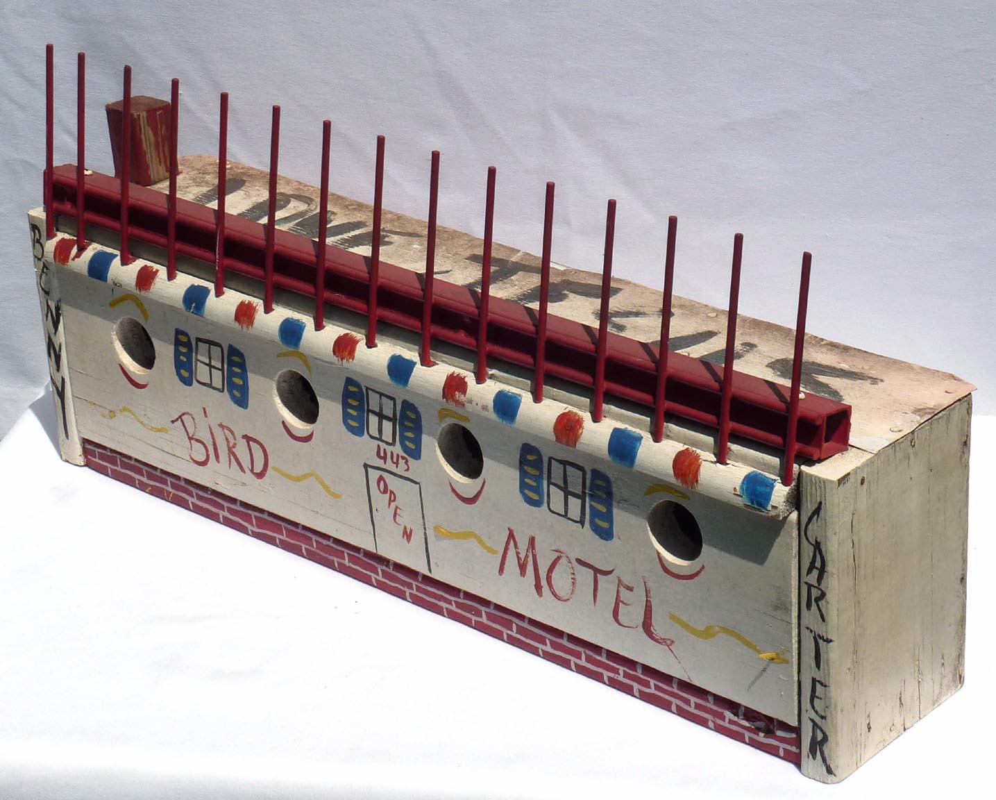 Folk Art Bird Motel Birdhouse by Benny Carter Made from Wood and Found Metal, Signed For Sale