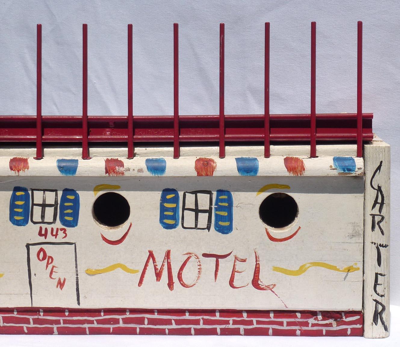 Late 20th Century Bird Motel Birdhouse by Benny Carter Made from Wood and Found Metal, Signed For Sale