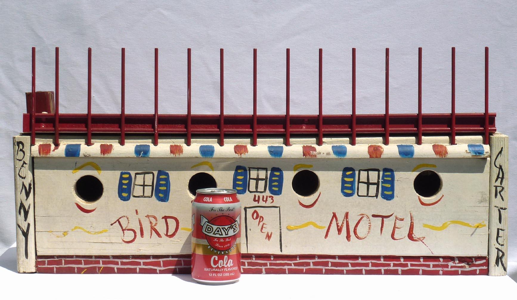 Bird Motel Birdhouse by Benny Carter Made from Wood and Found Metal, Signed For Sale 1