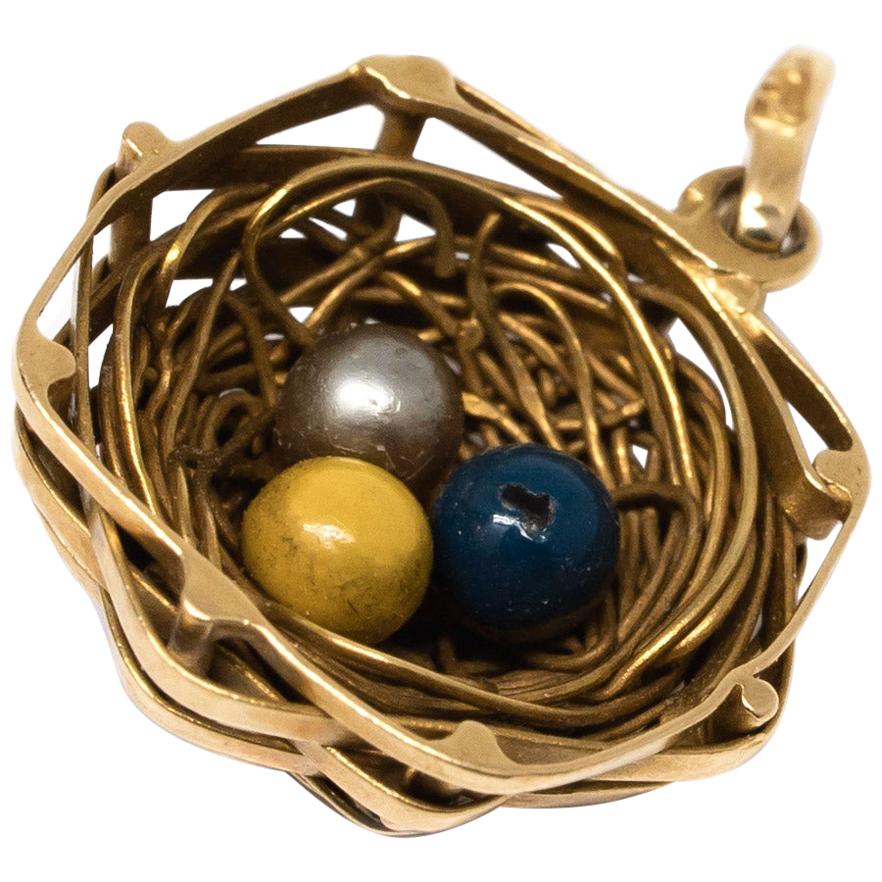 Bird Nest Charm with Eggs in 18 Karat Yellow Gold