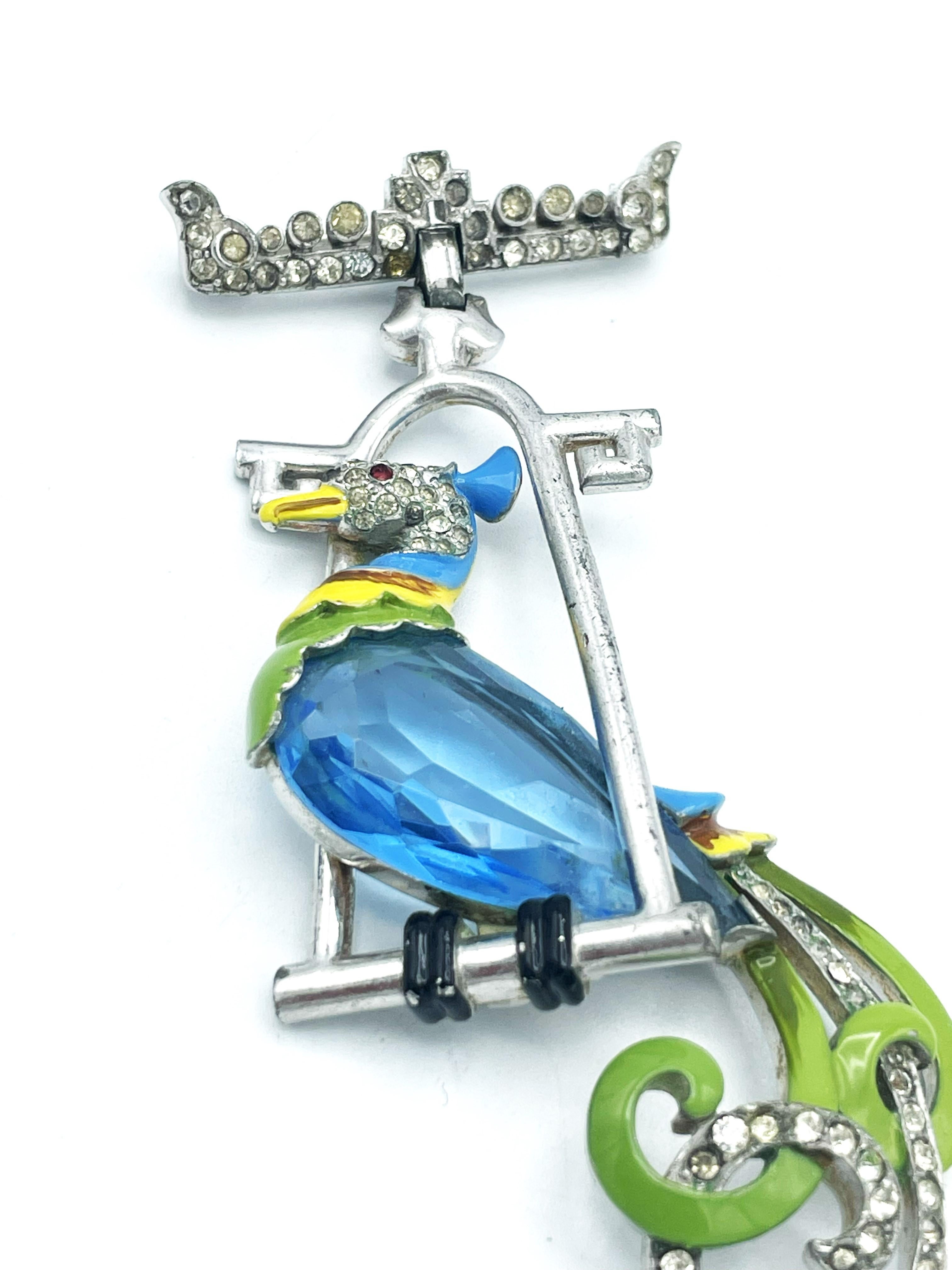 BIRD OF paraDIS ON A SWING von MAZER, BROOCH, aquafarbener Korpus, emailliert, 1942 USA im Angebot 4