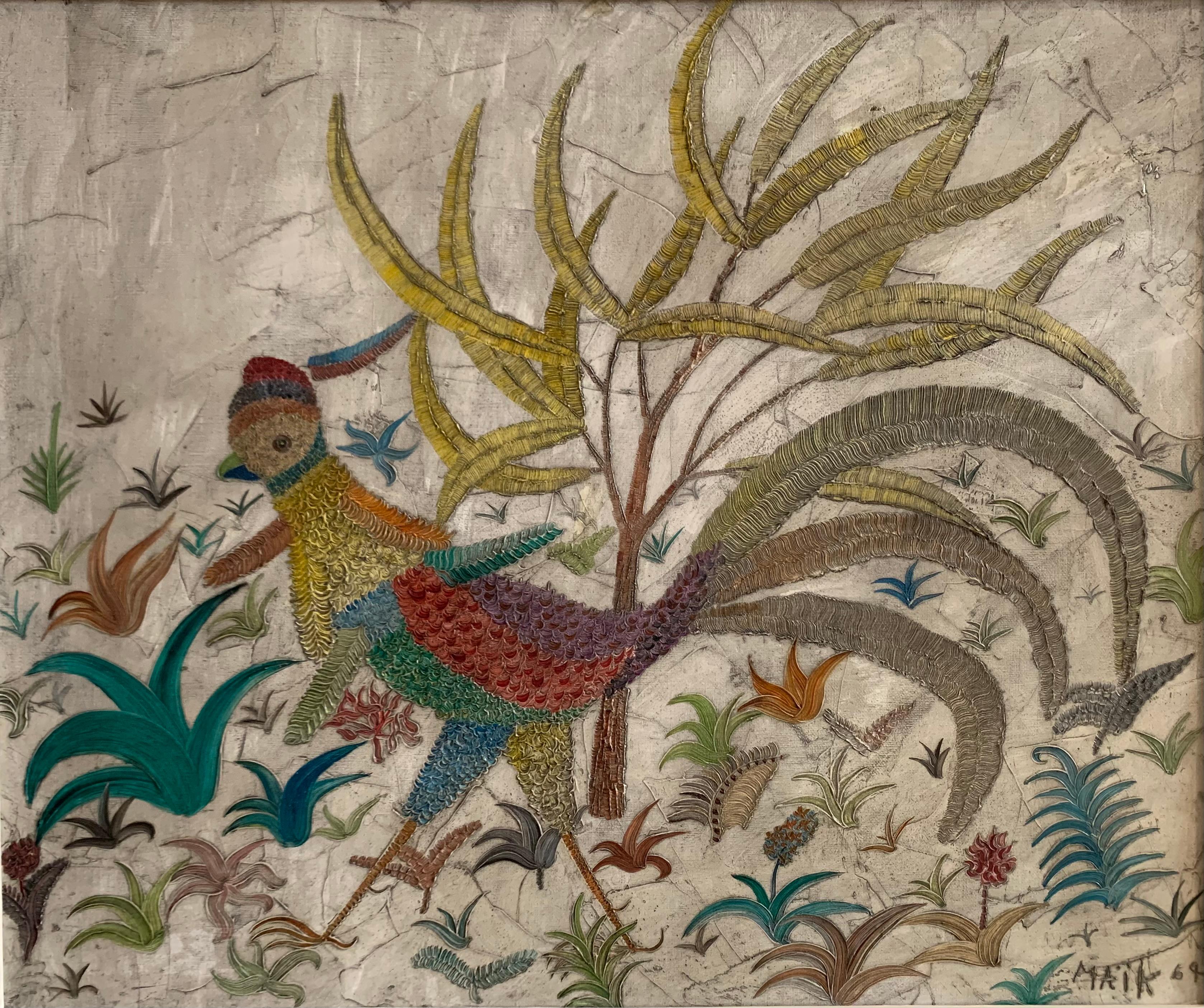 Oil on canvas 
by Henri Hecht MAÏK (1922-1993).
“Bird of paradise”.
sign and date lower right “MAÏK 64”.
Framed with a carve and paint French “Montparnasse” frame, circa 1950.
Canvas dimensions: 45 x 54 cm.
Overall dimensions: 65 x 74 cm.




