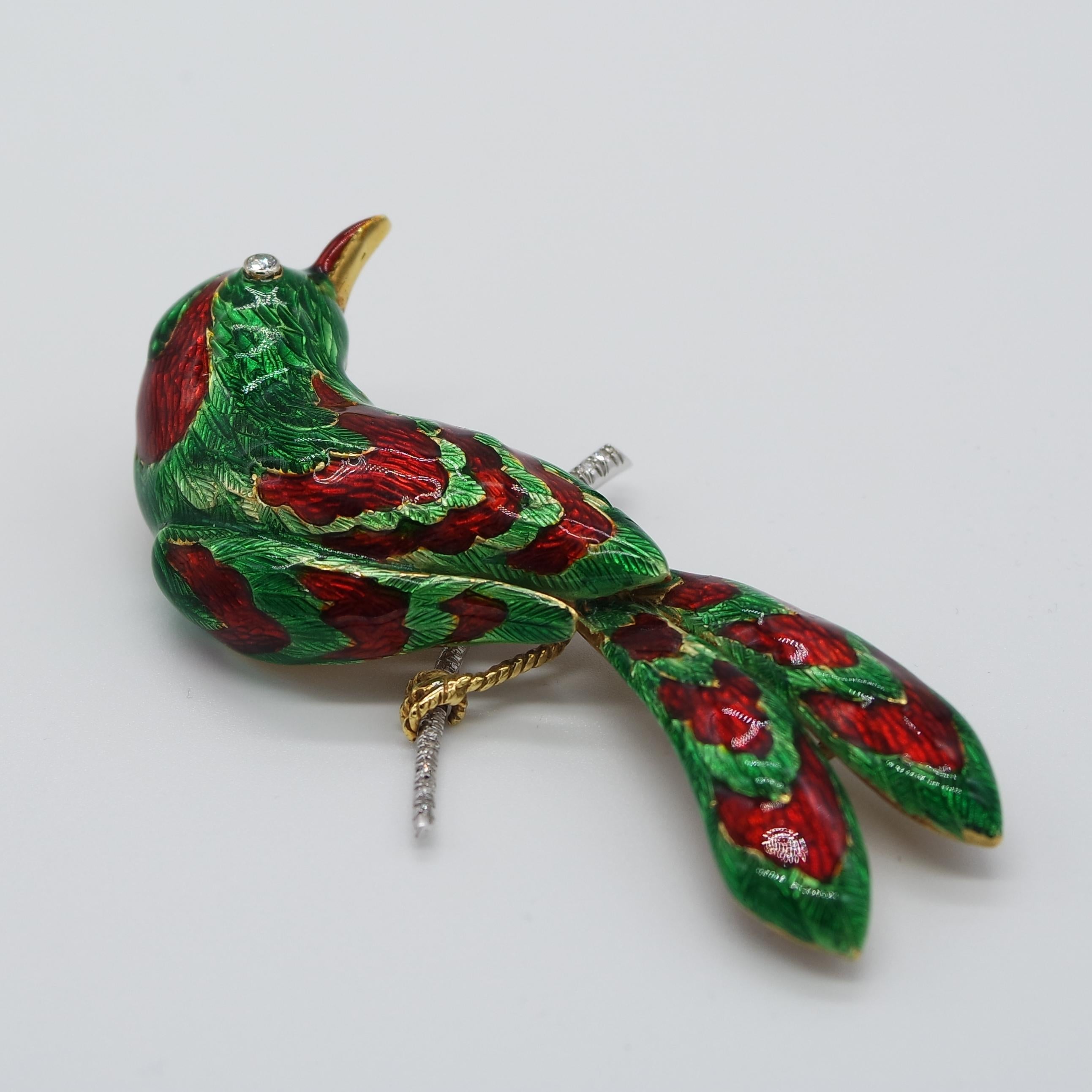 Romantic Bird of Paradise with Diamonds, 18 Karat Gold and  Guilloché Enamel Brooch For Sale