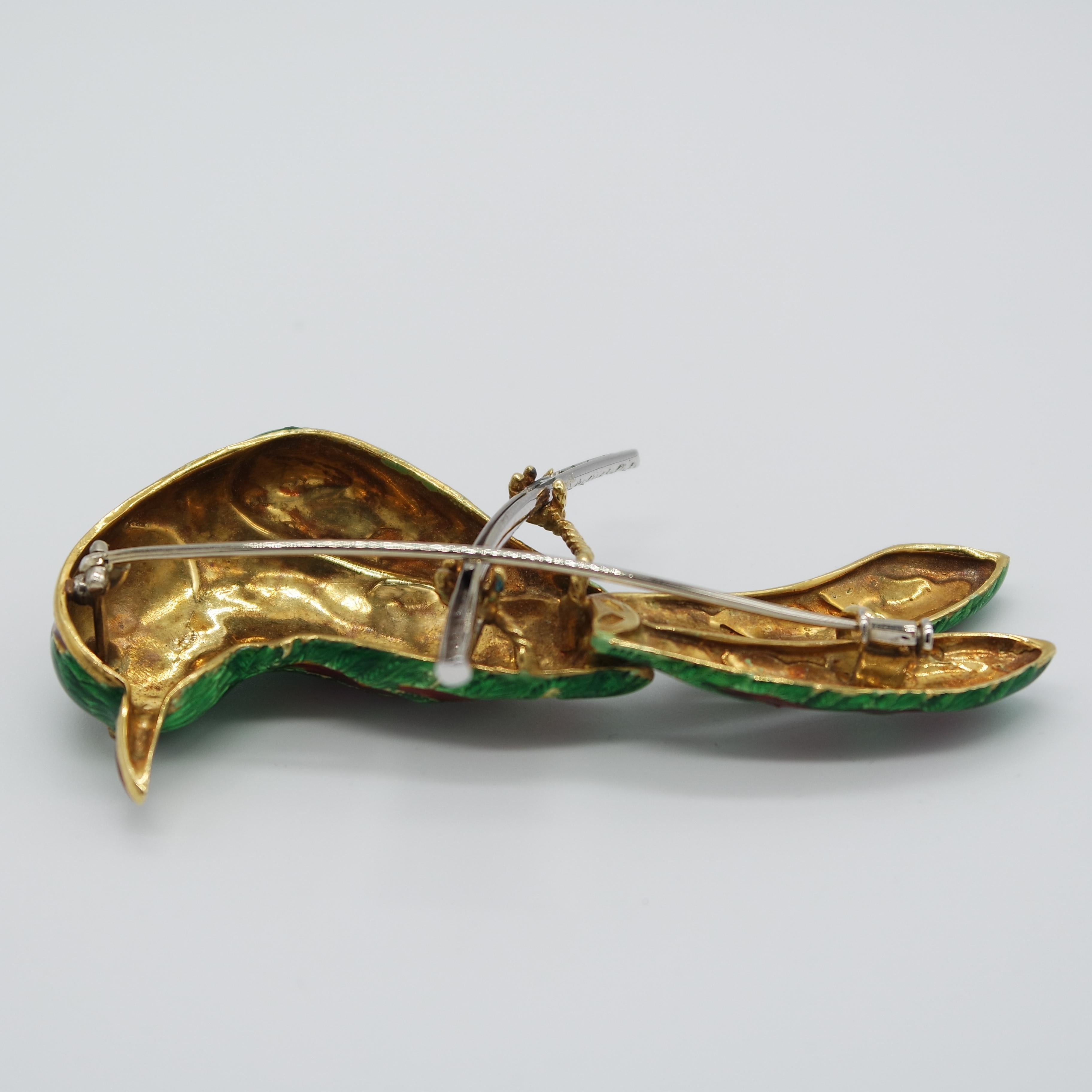 Women's or Men's Bird of Paradise with Diamonds, 18 Karat Gold and  Guilloché Enamel Brooch For Sale
