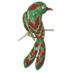 Bird of Paradise with Diamonds, 18 Karat Gold and  Guilloché Enamel Brooch