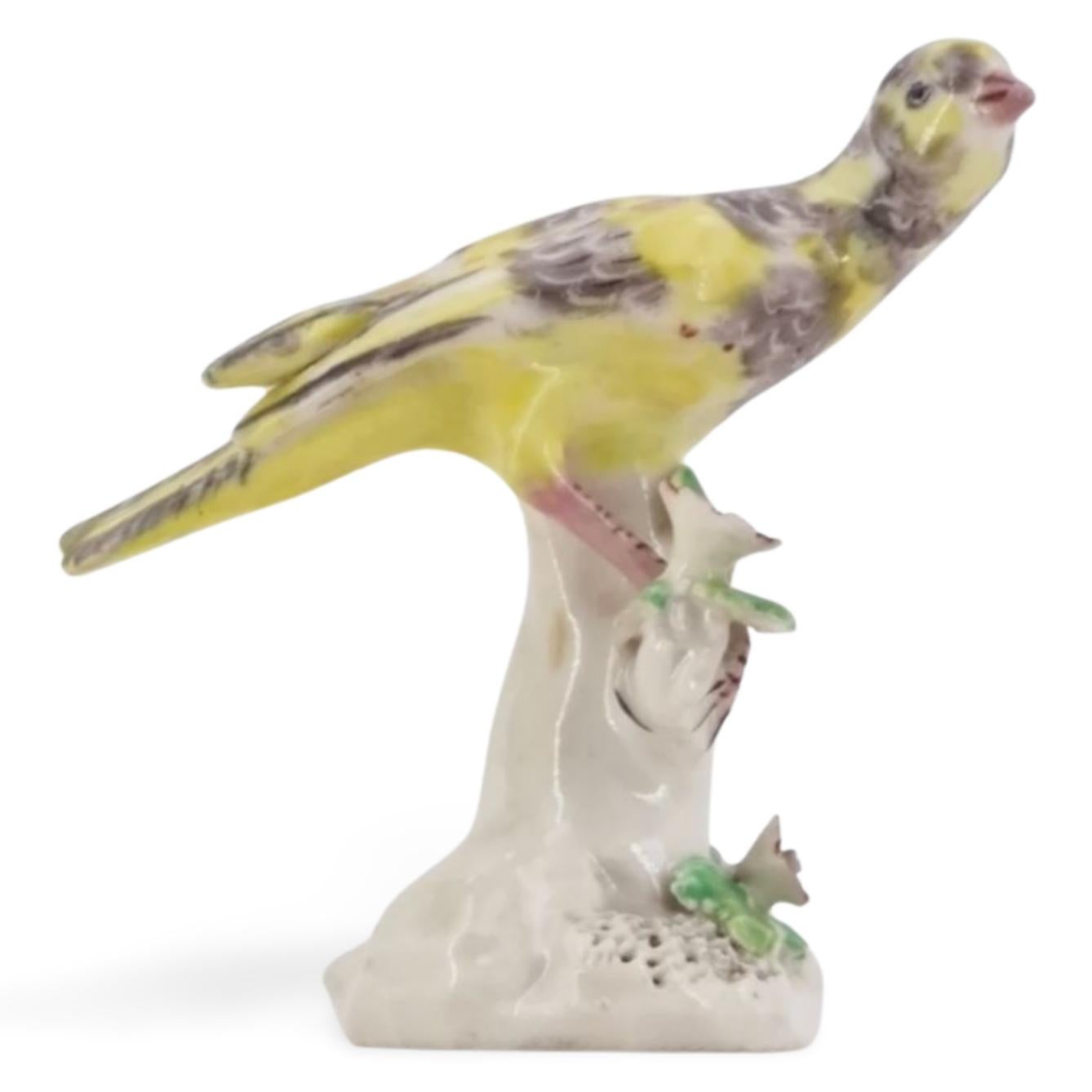 A rare model of a bird, probably a finch, perched on a stump. 

Intended as table decorations, these birds appear to come from the same moulds as used by Bow for additions to candlesticks, but are rarely found singly.