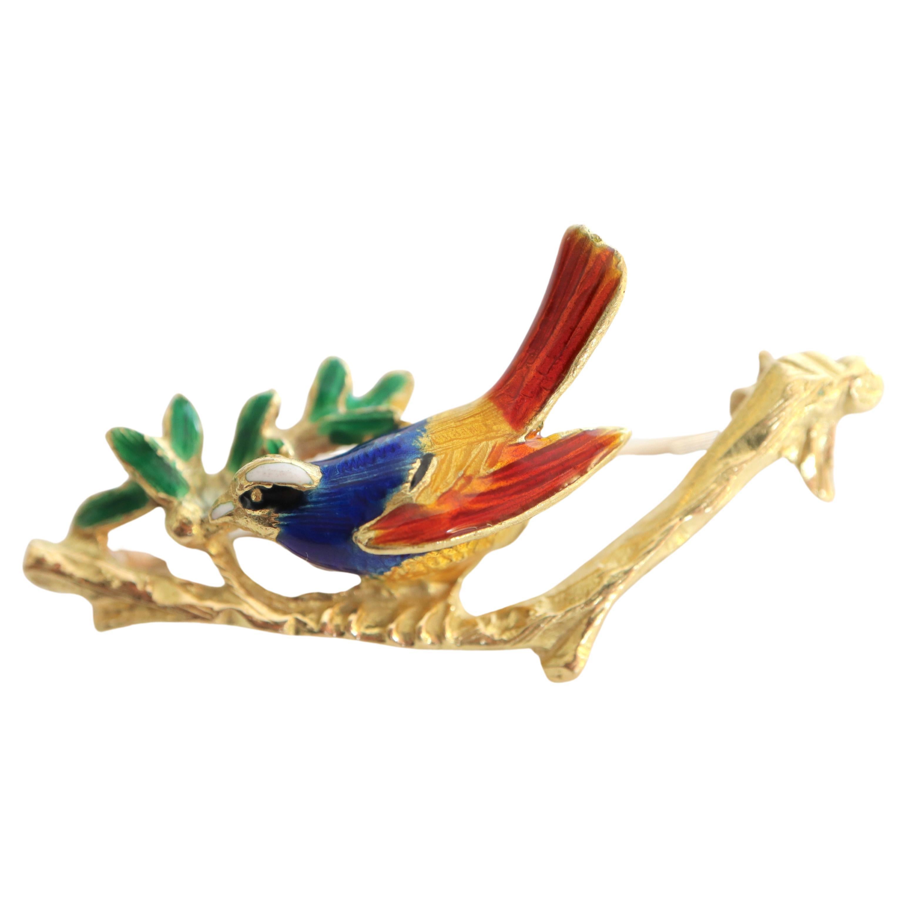 Vogel auf einem Branch Brosche circa 1960 Gelbgold 18 Karat Emaille im Angebot