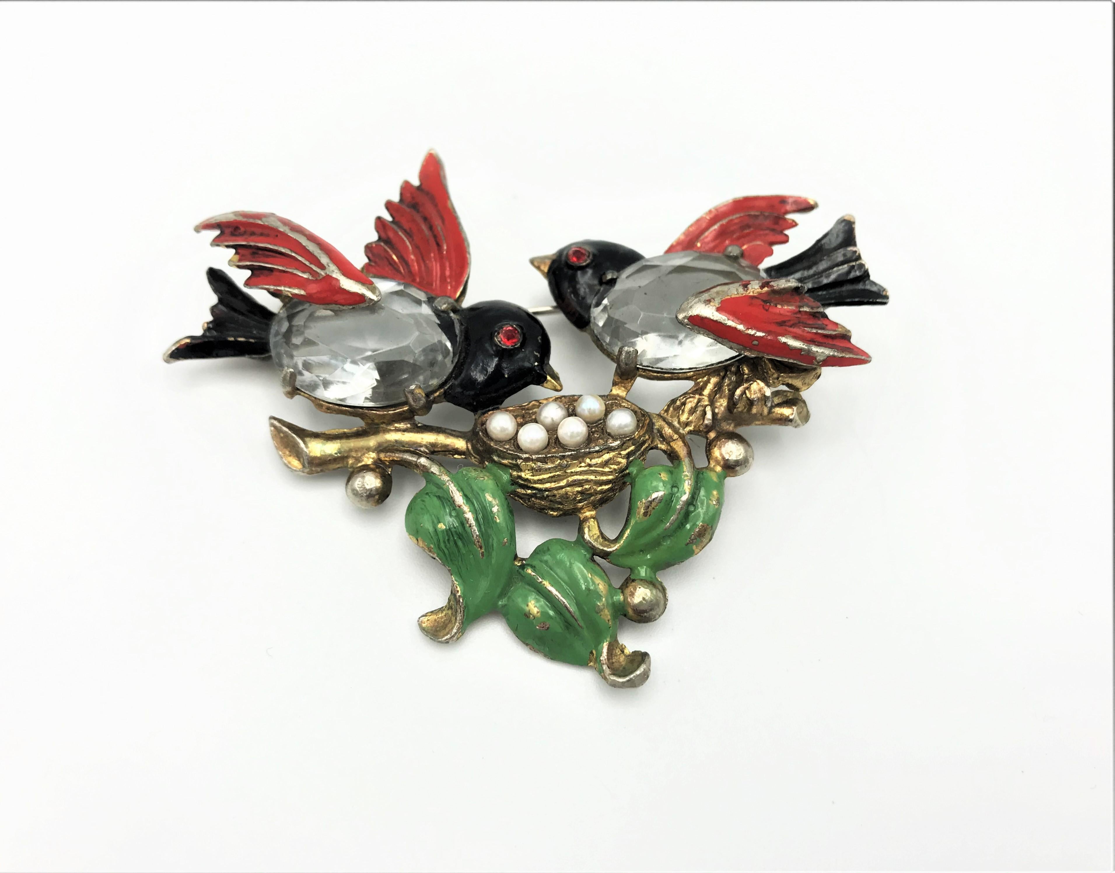 Baguette Cut Bird on a nest of eggs brooch by Fred Gray Corp, 1930-1040's, designer for Coro For Sale