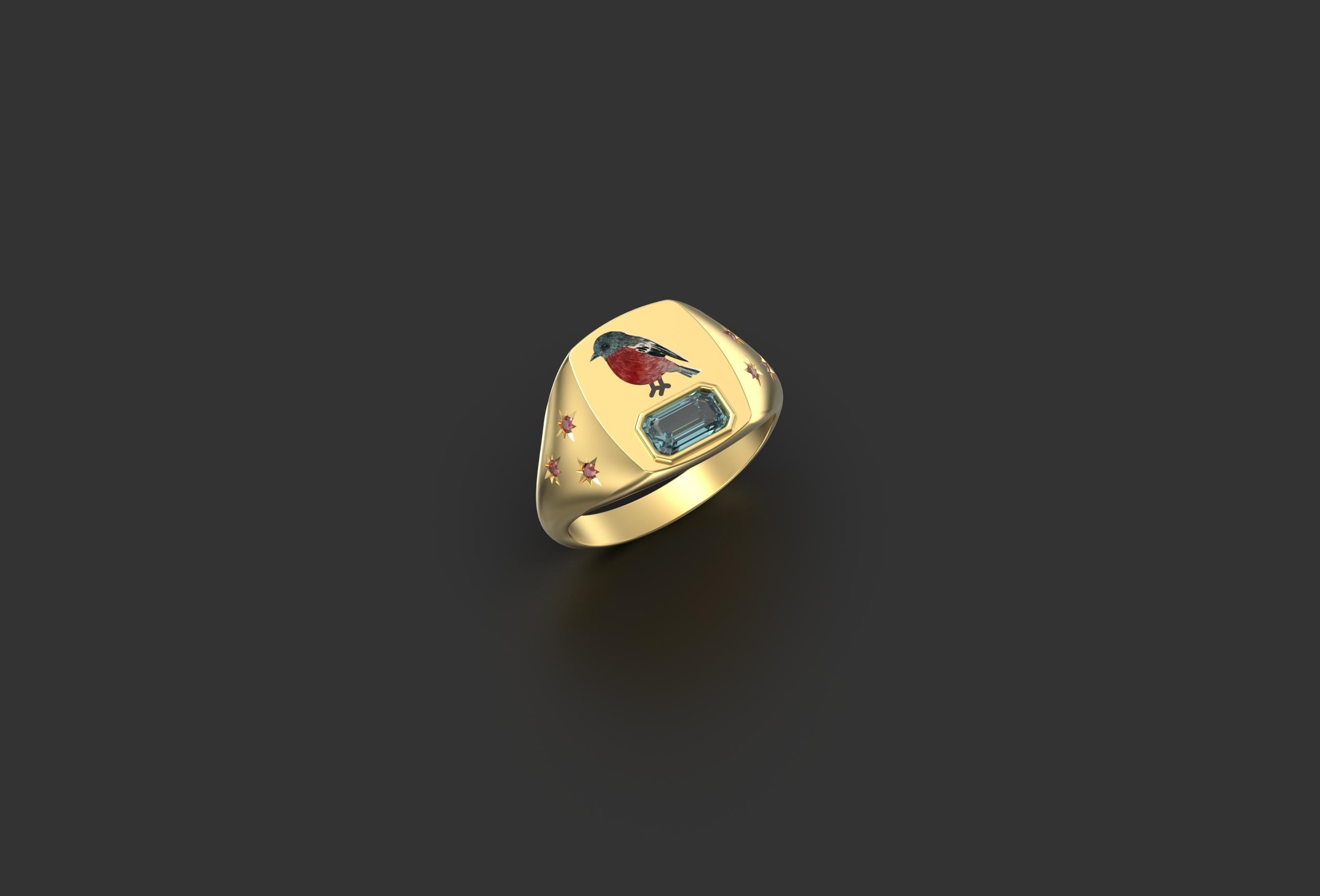 Inspired by ancient Chinese paintings and a nod to Jean Schlumberger's 'bird on a rock' design too. 

 

Cushion signet ring face: 9x11mm, band width: 2.5mm

 

Enamel hand-painted, ruby and blue topaz. 18kt yellow gold.

 

This item is