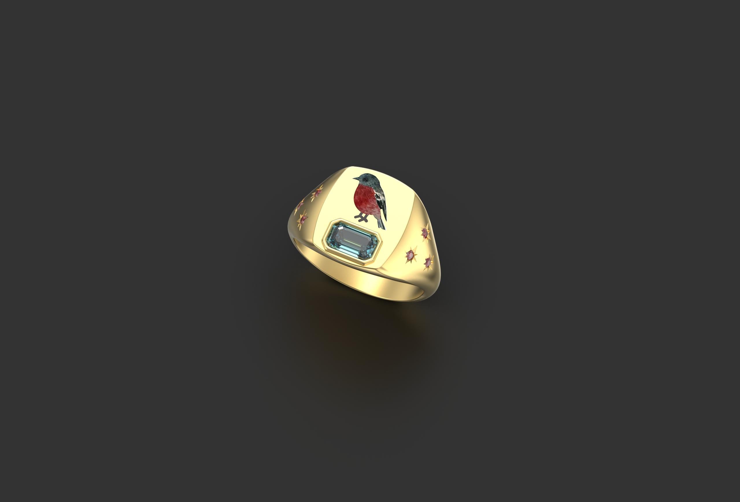 Artisan Bird on A Rock Ring, 18K Yellow Gold with Ruby and Blue Topaz For Sale