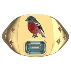 Bird on A Rock Ring, 18K Yellow Gold with Ruby and Blue Topaz