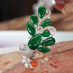 "Bird on A Tree" RealJade Co. Signature Old Mine Jadeite Jade Brooch Necklace