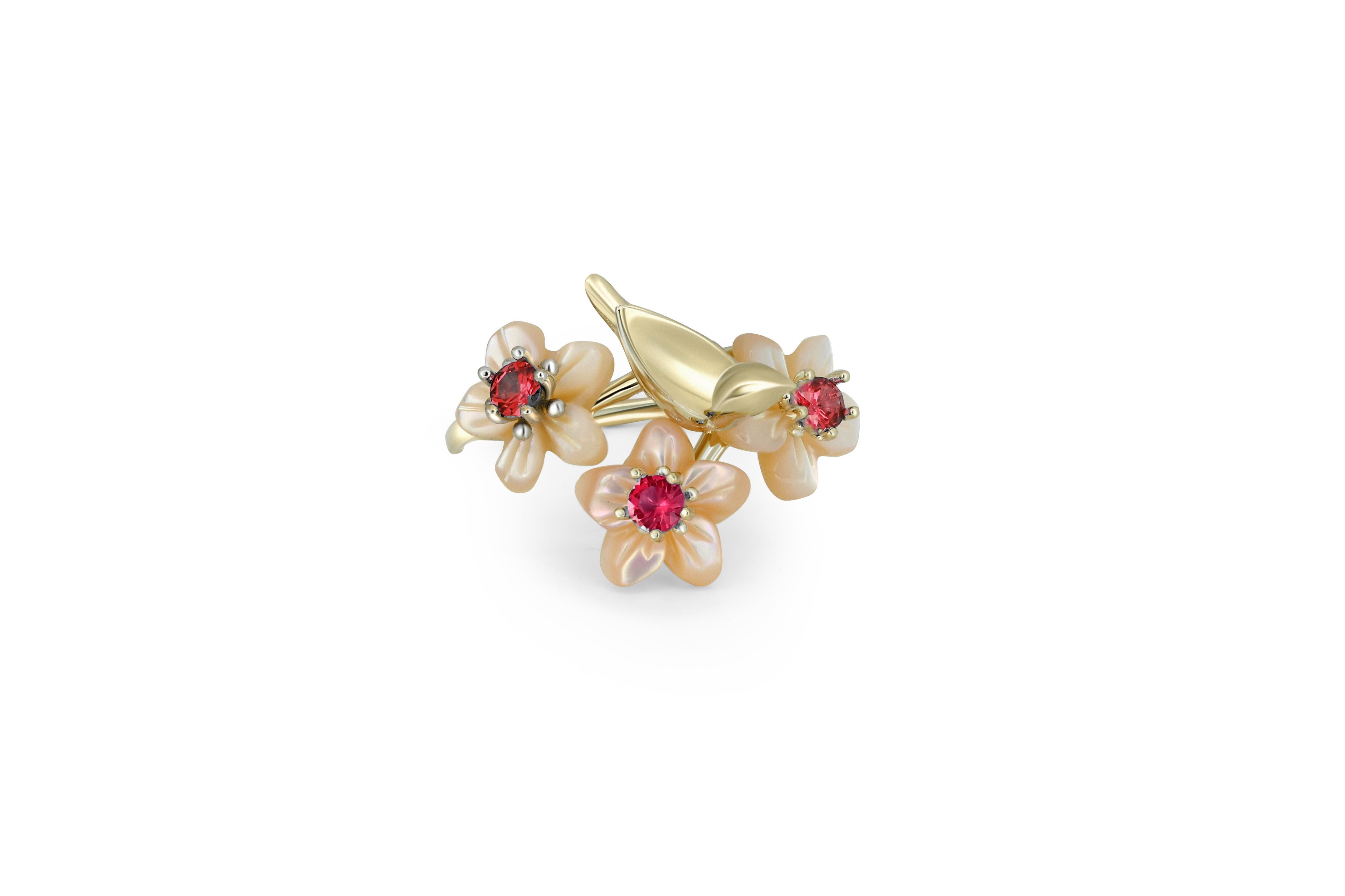 For Sale:  Bird on branch 14k gold ring with garnets 2