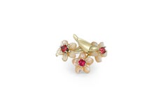 Bird on branch 14k gold ring with garnets
