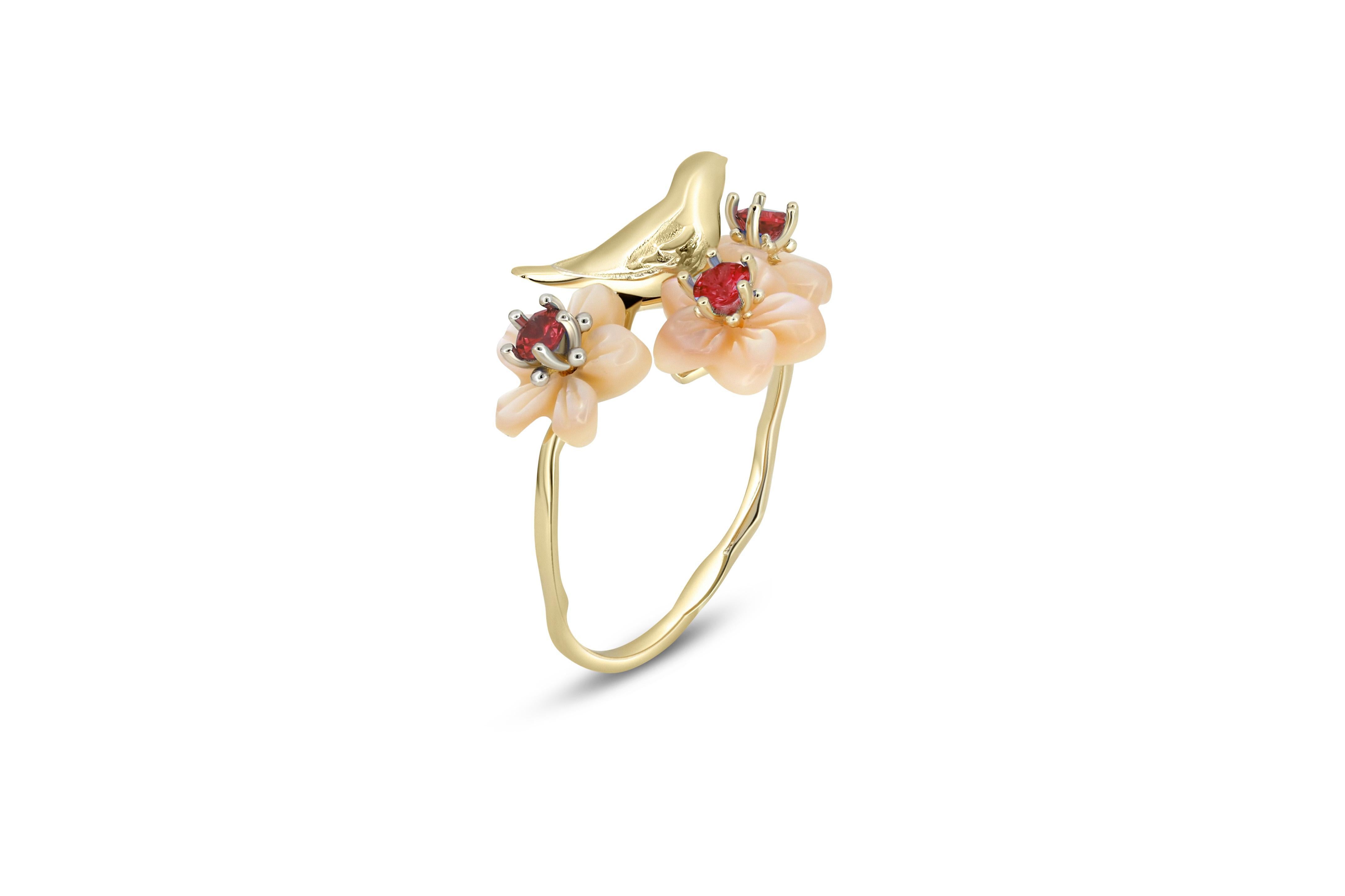 For Sale:  Bird on branch 14k gold ring with garnets 3