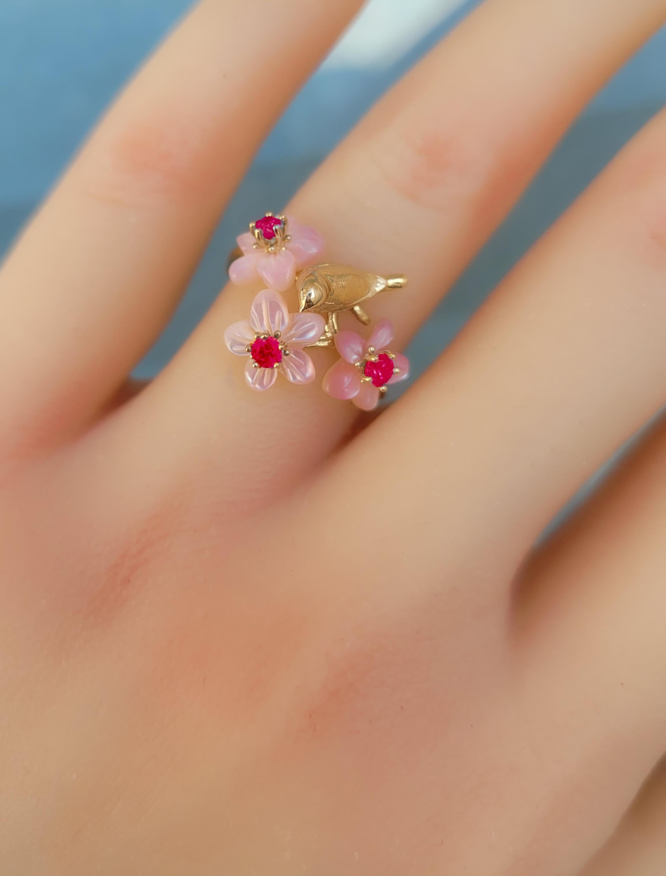 For Sale:  Bird on branch 14k gold ring with garnets 4