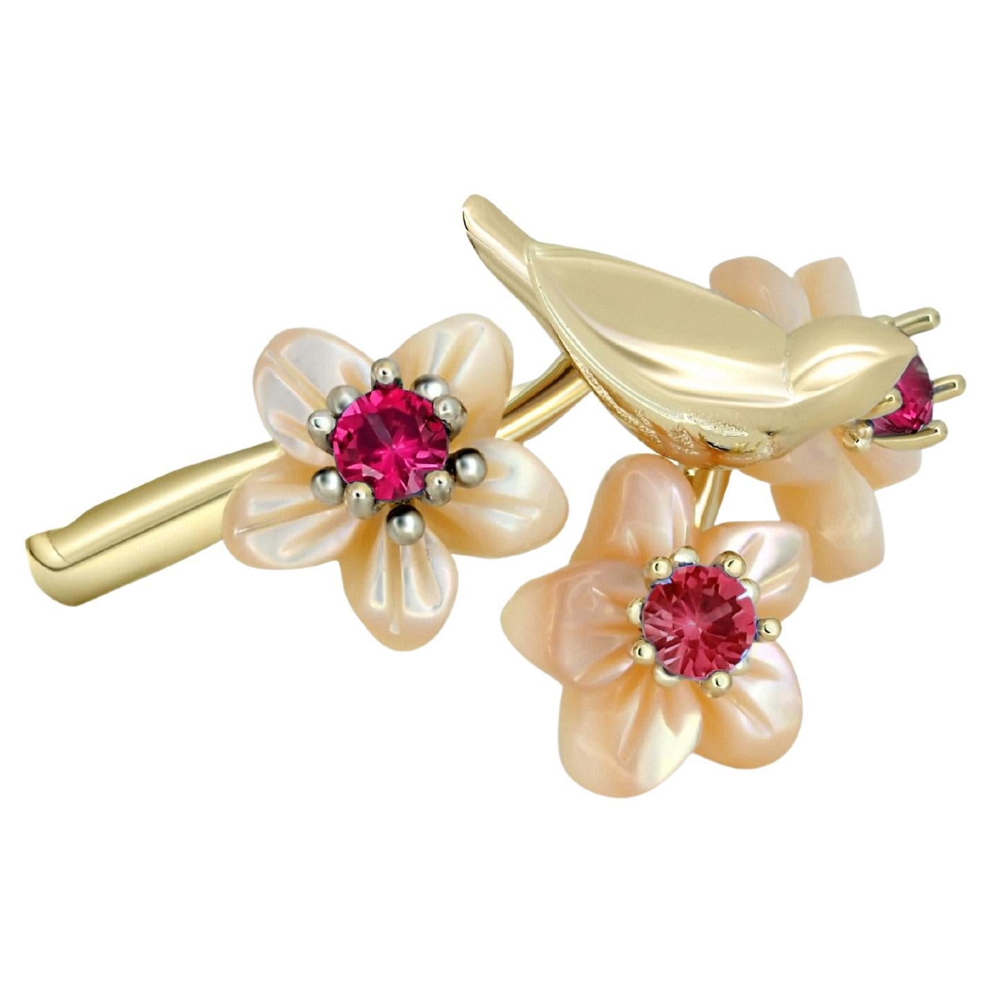 Bird on branch 14k gold ring with garnets