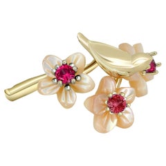 Bague en or 14k avec grenats, oiseau sur une branche