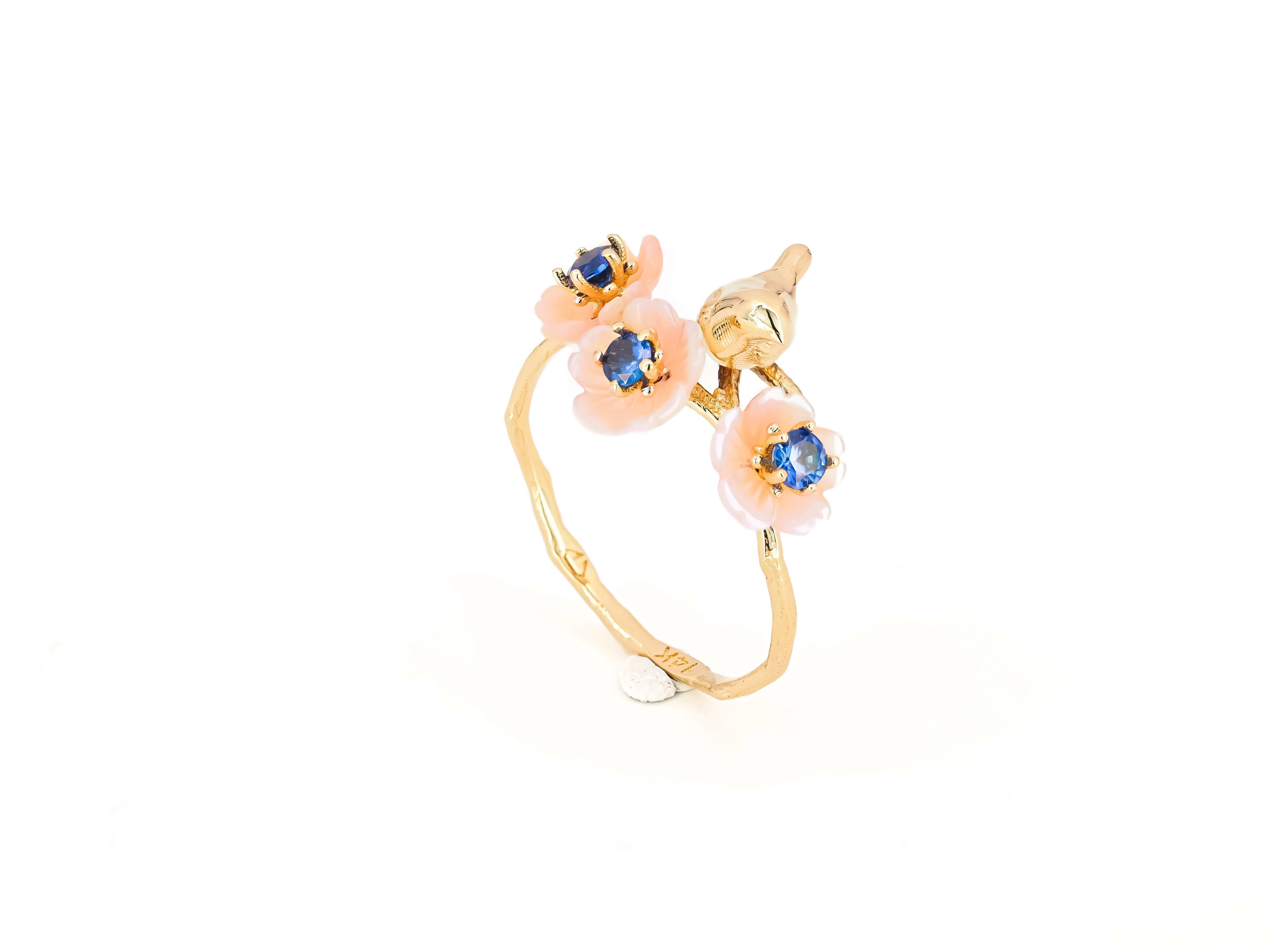 Bird on branch ring with sapphires in 14k solid gold.  For Sale 1