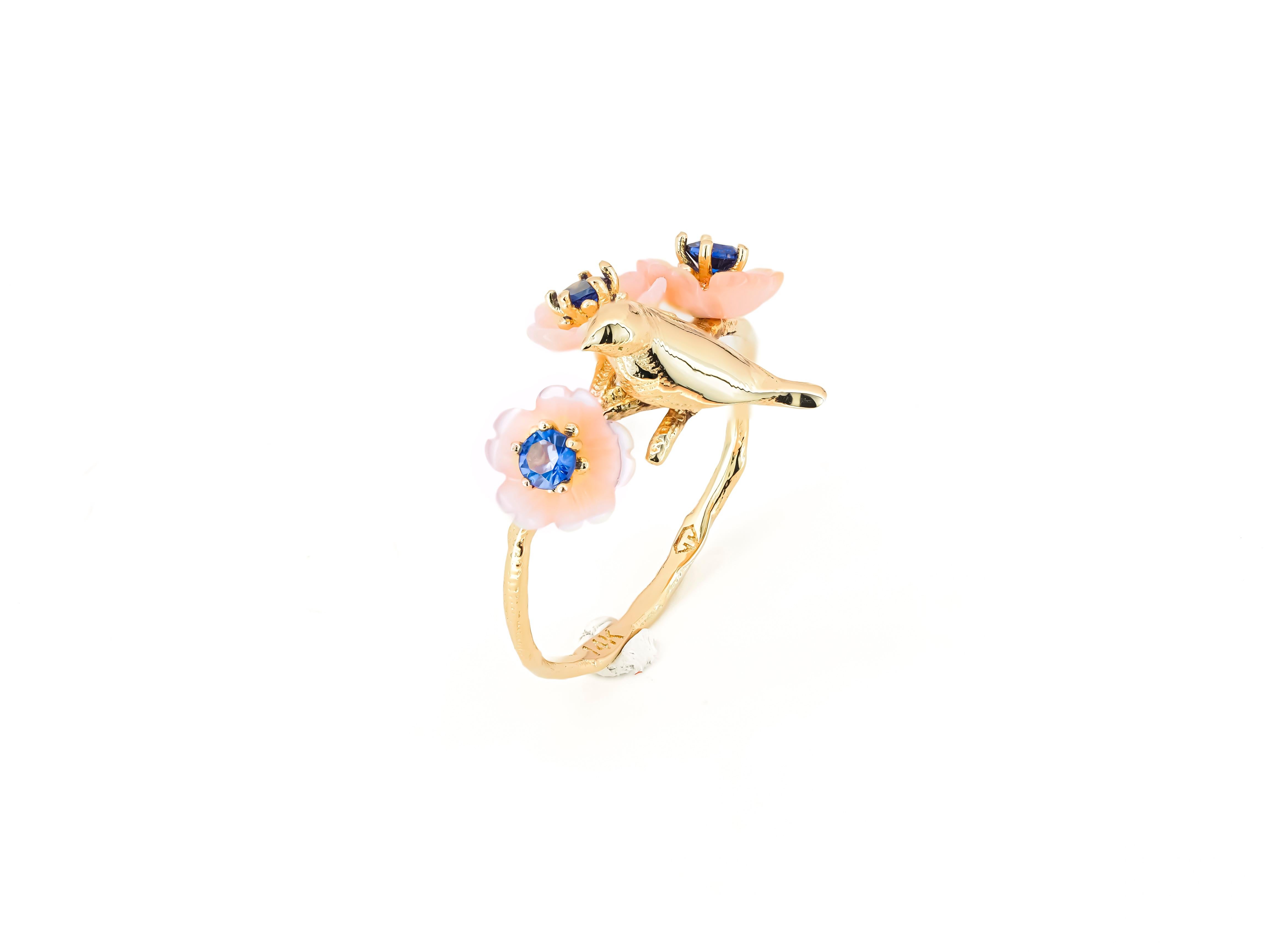 Bird on branch ring with sapphires in 14k solid gold.  For Sale 2