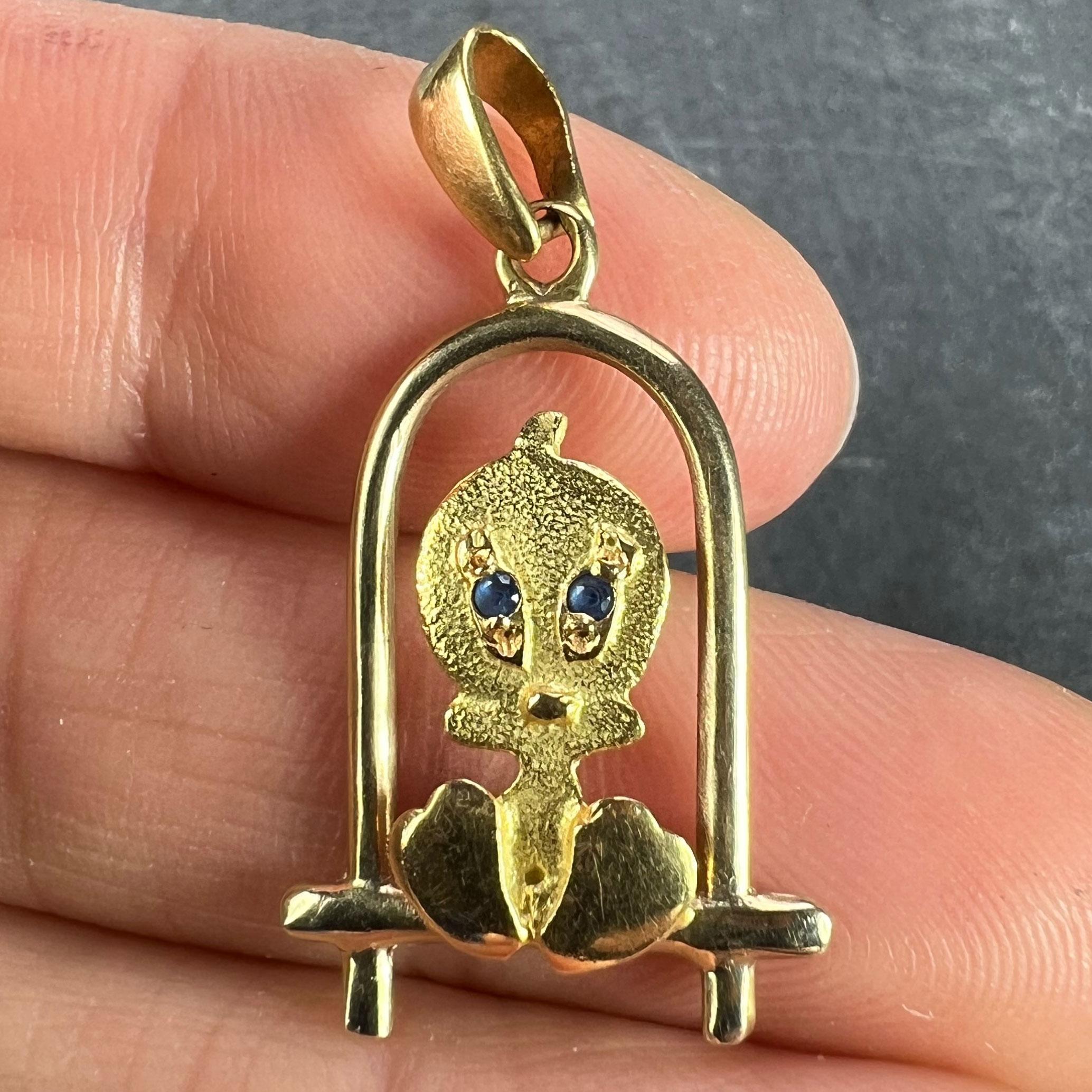 Bird on Perch Cartoon Character 18K Yellow Gold Charm Pendant For Sale 1