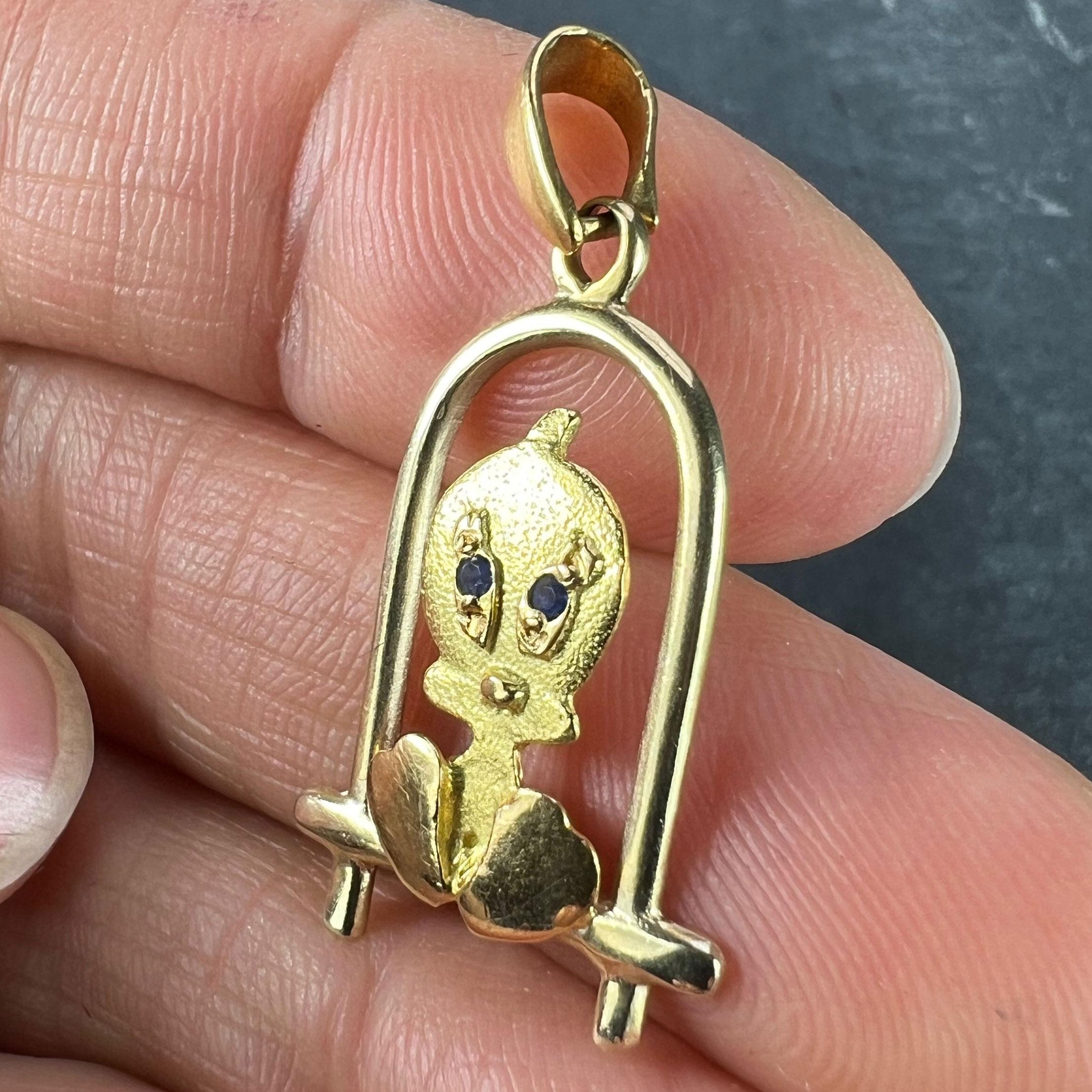 Bird on Perch Cartoon Character 18K Yellow Gold Charm Pendant For Sale 2
