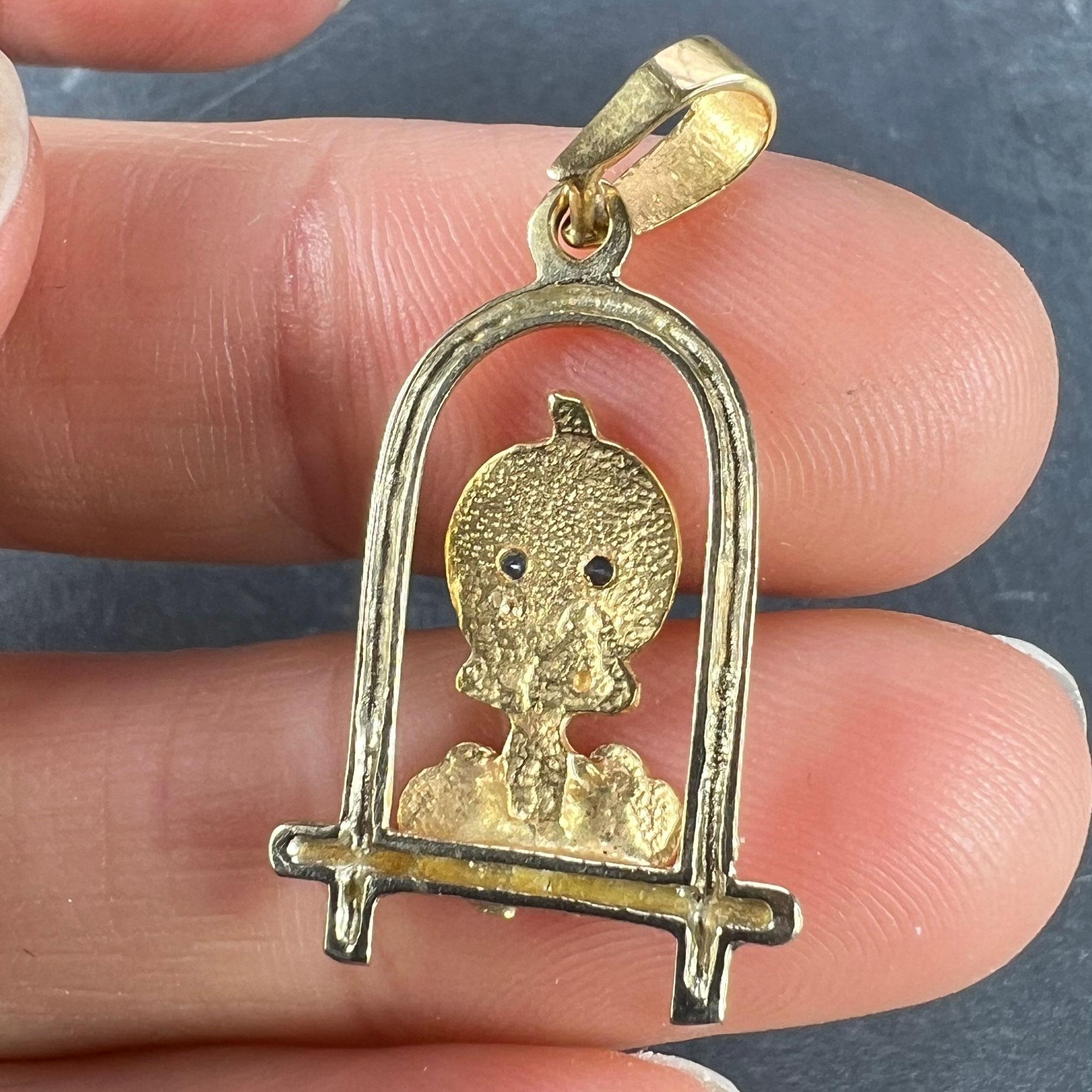 Bird on Perch Cartoon Character 18K Yellow Gold Charm Pendant For Sale 4