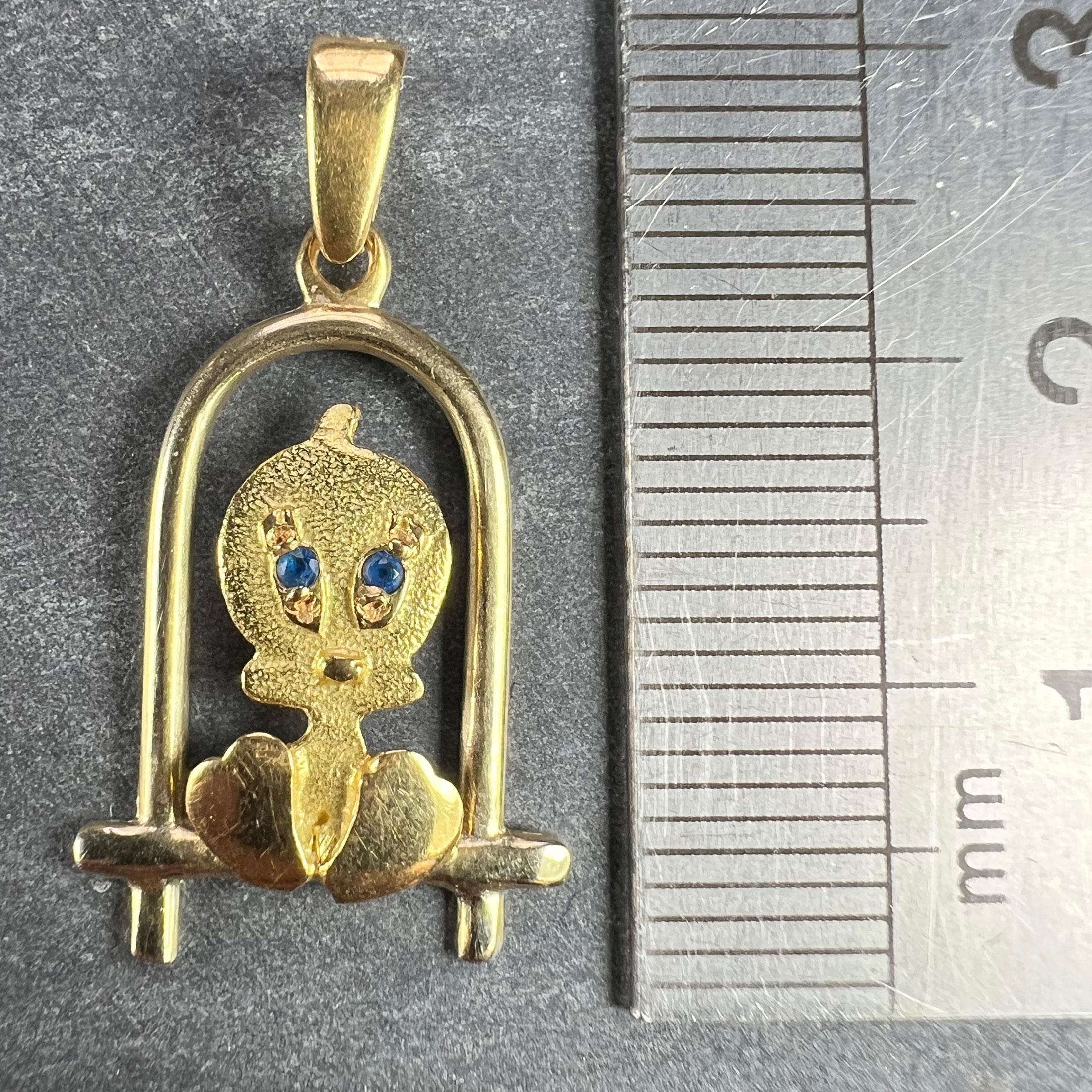 Bird on Perch Cartoon Character 18K Yellow Gold Charm Pendant For Sale 5