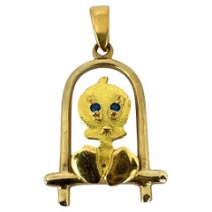 Bird on Perch Cartoon Character 18K Yellow Gold Charm Pendant