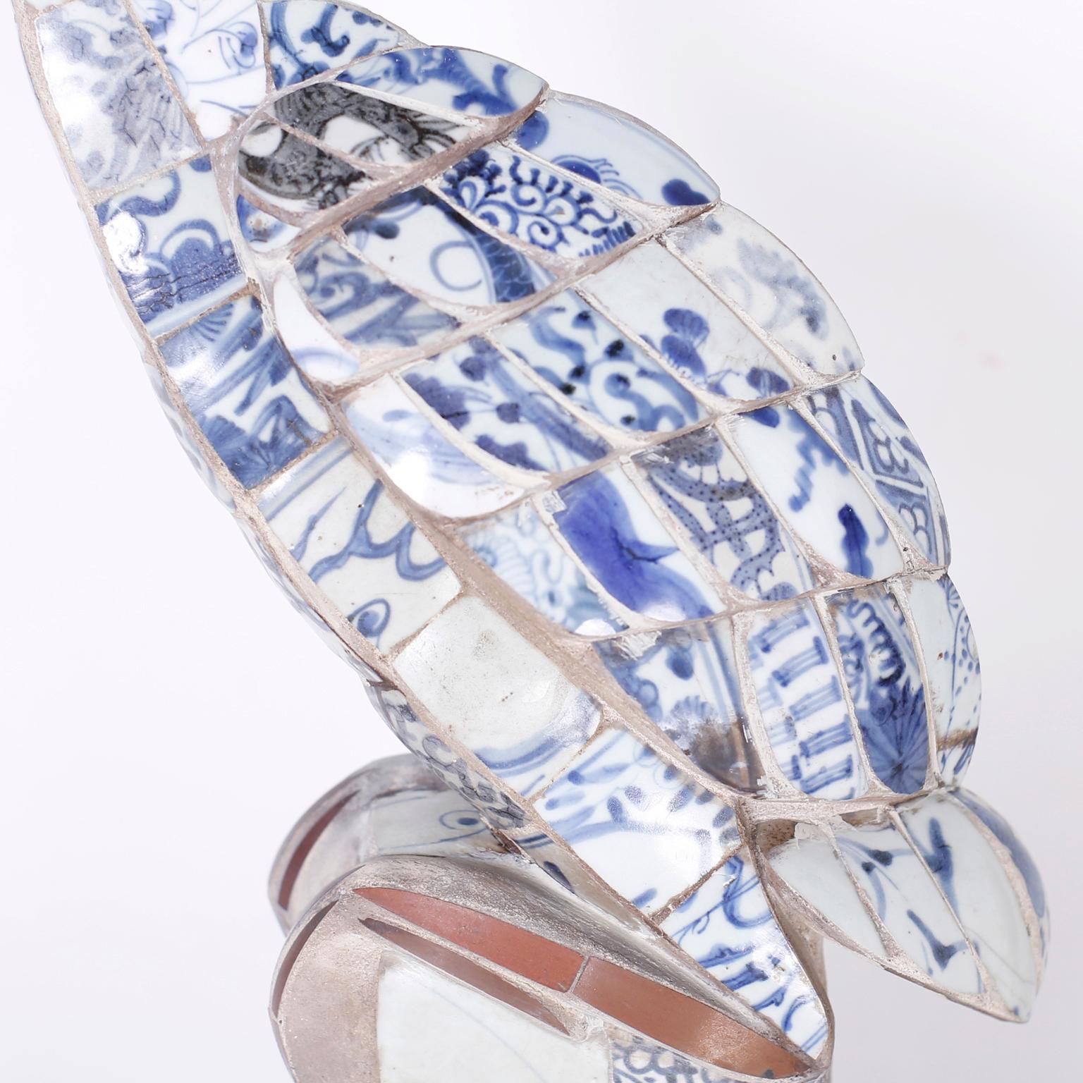 Chinese Export Bird or Stork Sculpture with Blue and White Porcelain Shards