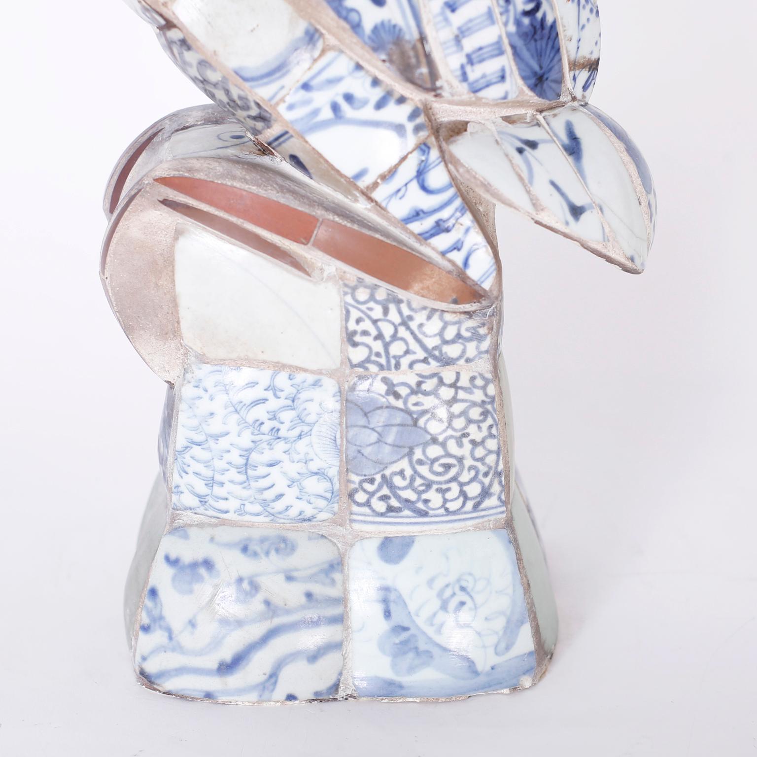 American Bird or Stork Sculpture with Blue and White Porcelain Shards