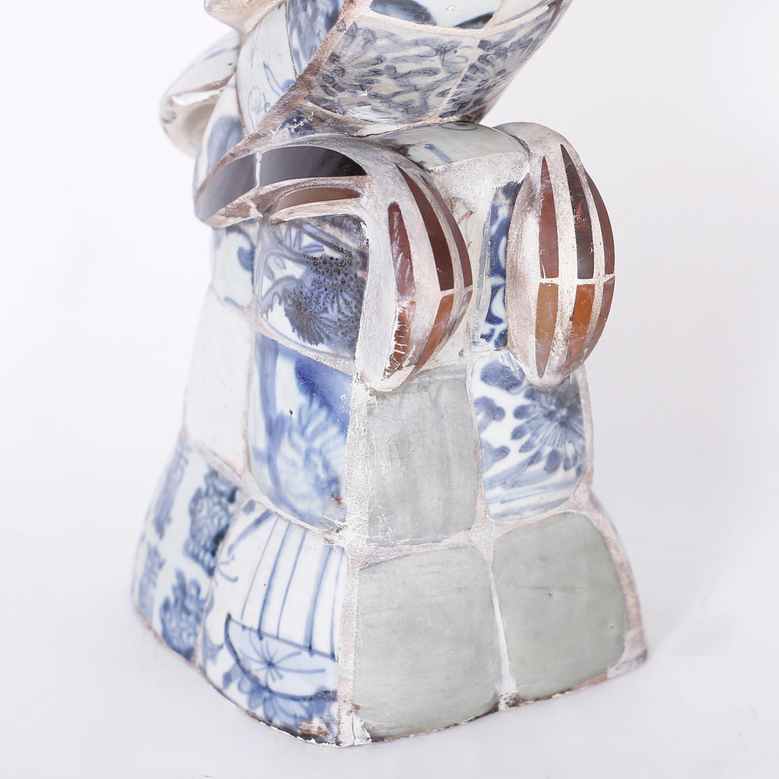 Bird or Stork Sculpture with Blue and White Porcelain Shards In Good Condition In Palm Beach, FL