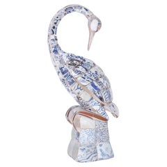 Bird or Stork Sculpture with Blue and White Porcelain Shards