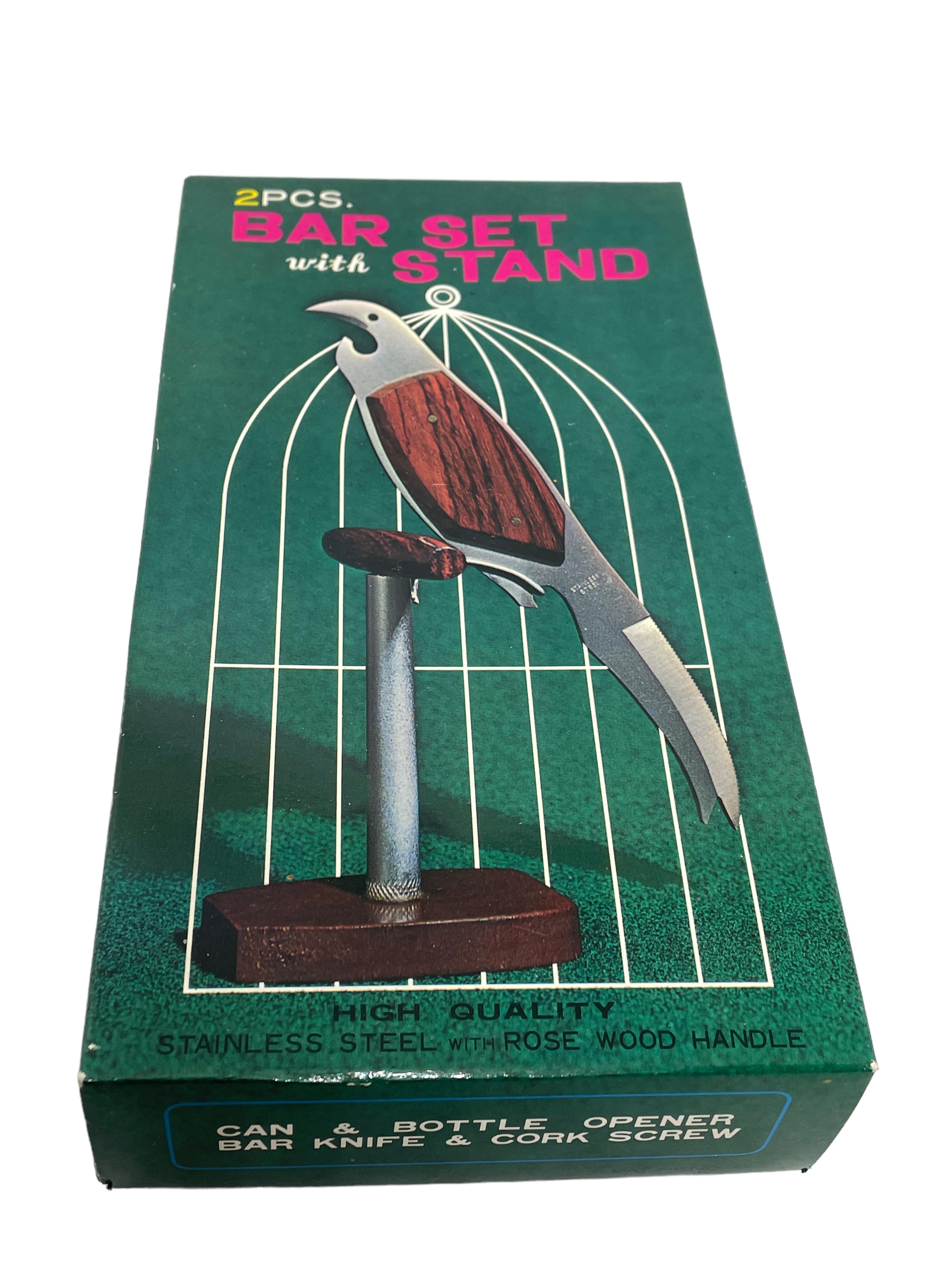 Vogel Dosen- und Weinflaschenöffner aus Edelstahl mit Holzgriff vintage. Der Zustand ist 