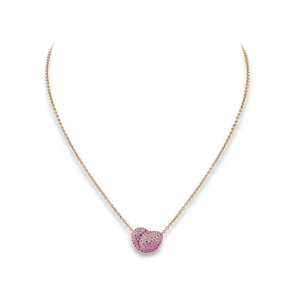 Pendentif oiseau en or rose 18 carats serti de 99 saphirs roses 1,52 cts et d'un diamant noir 0,01 cts   