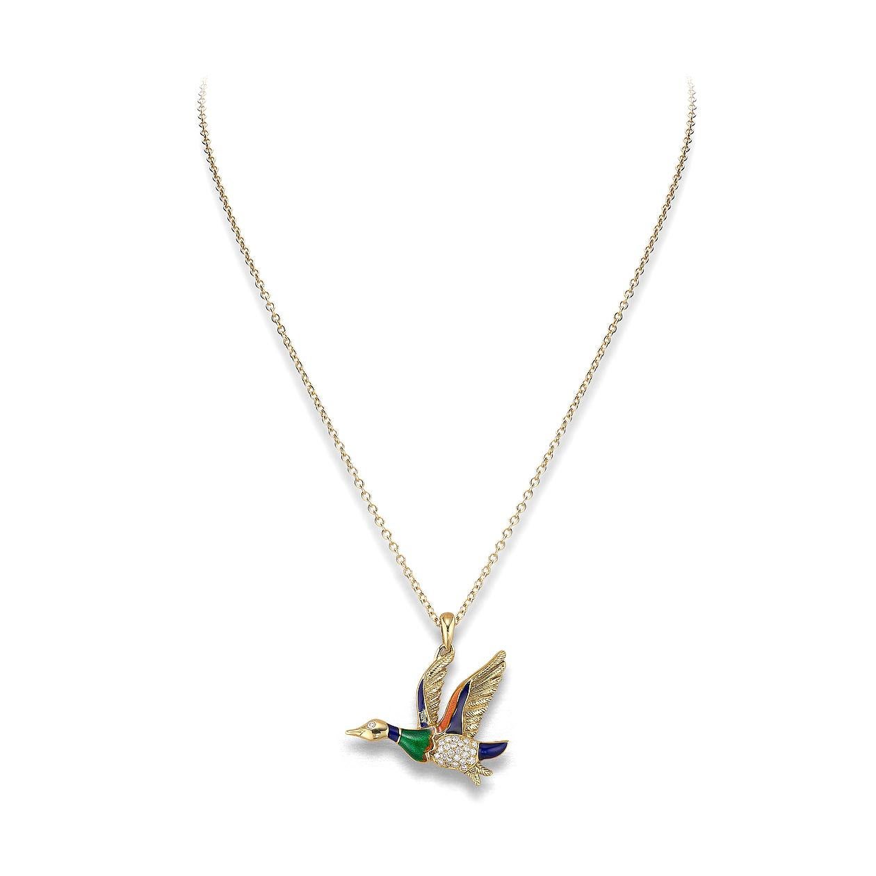Bird pendant in 18kt yellow gold set with diamonds and enamel