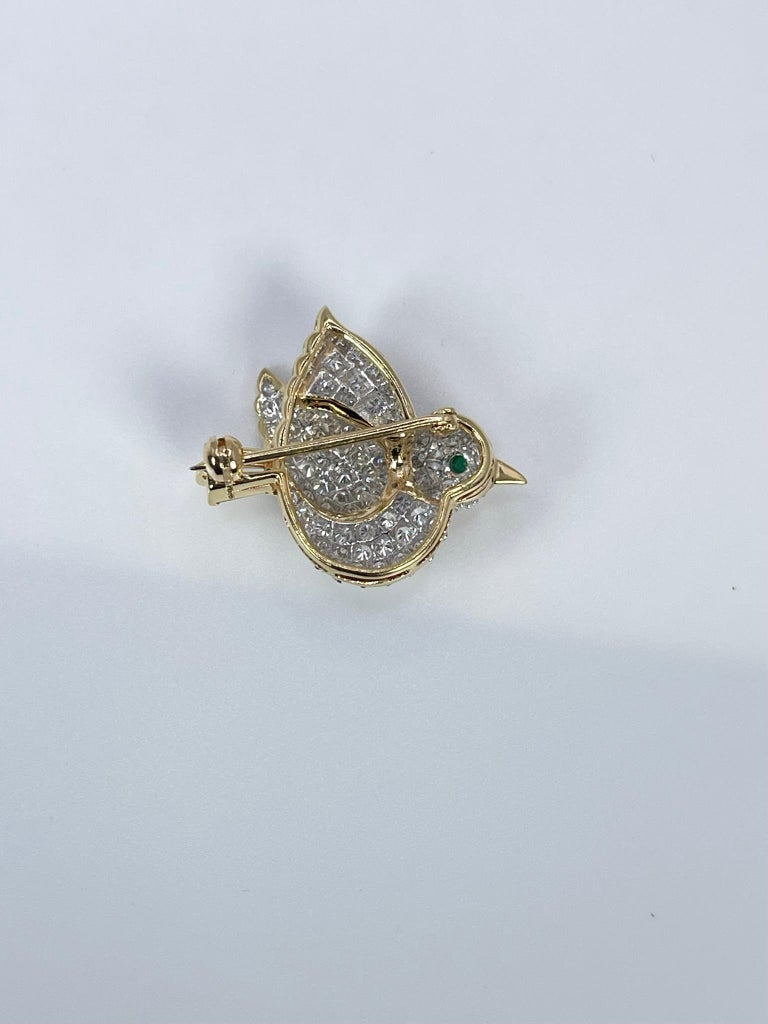 Bird Pin Diamond Brooch 18Kt Yellow Gold Rare For Sale at 1stDibs