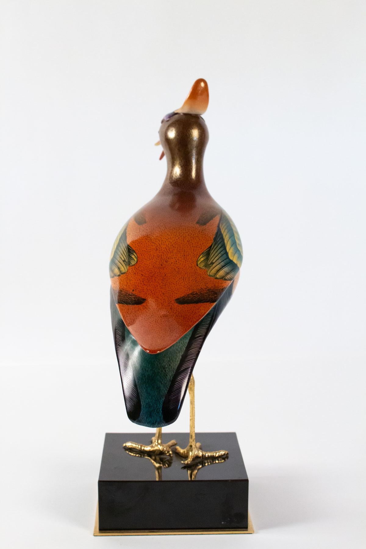 Late 20th Century Bird Porcelain Enamelled on Pates in Gilt Bronze, Artwork Signed Magoni, 1980