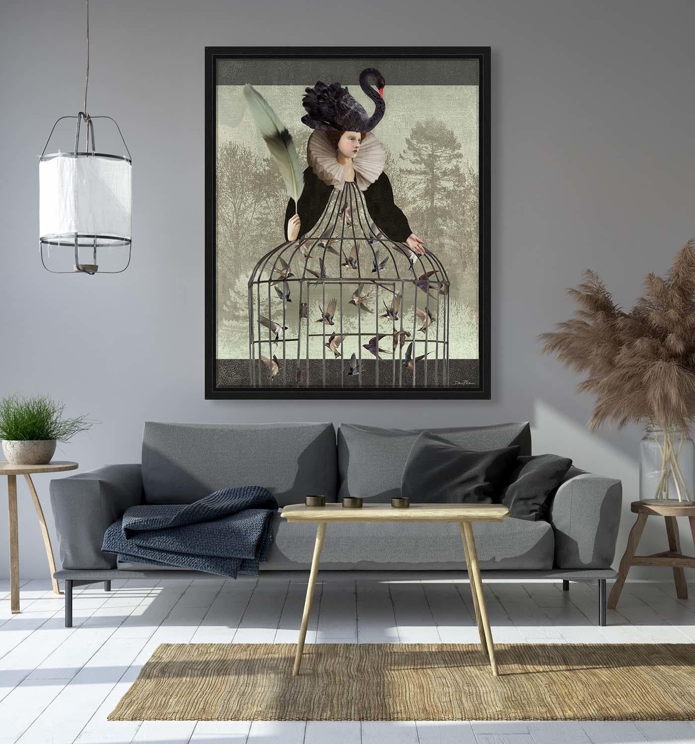 Inspired by 17th century English portraiture, this digital painting portrays female intellectuality. Painted in a pop-surrealist manner, it depicts a woman whose body is in the shape of a cage, which is imprisoning a group of fluttering swallows. An